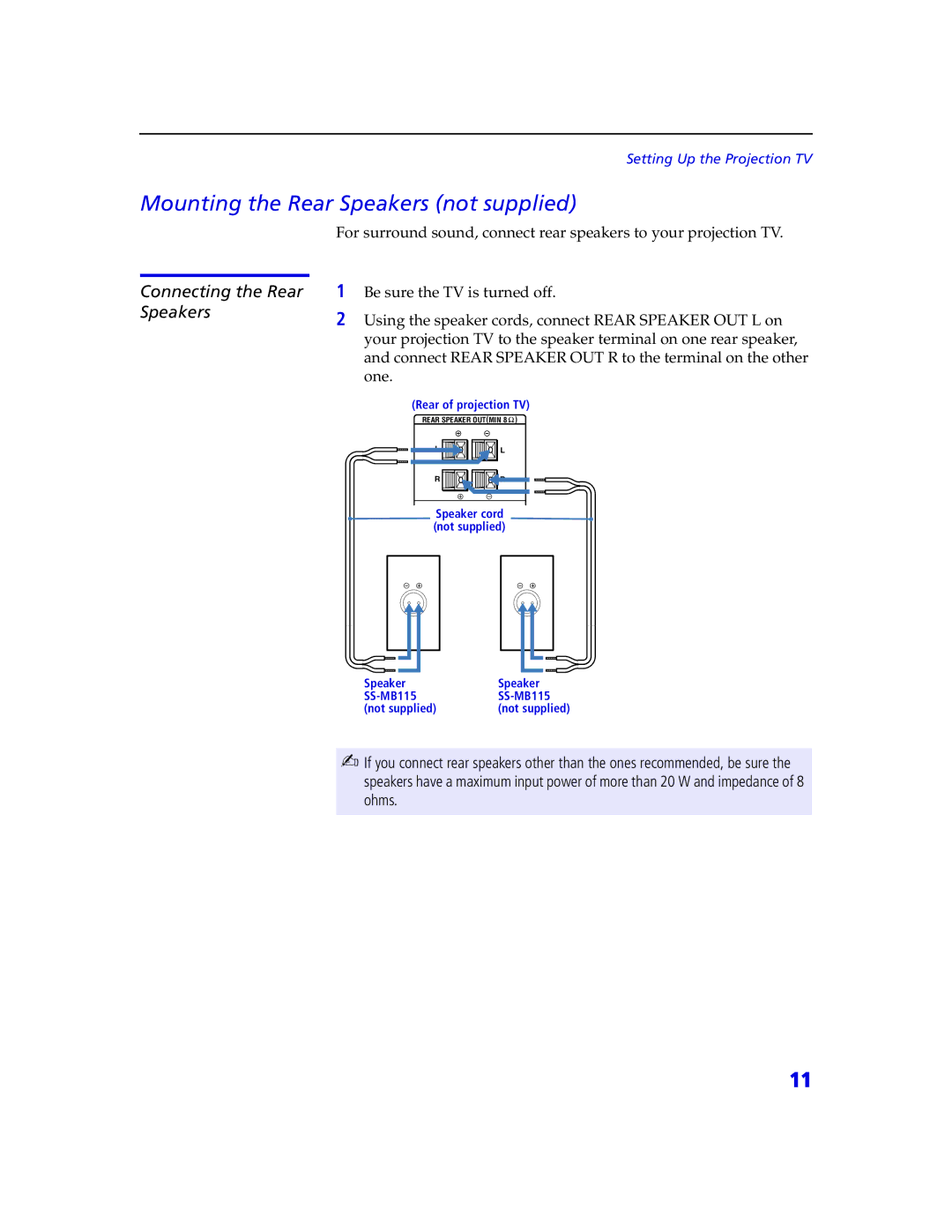 Sony KDP 57XBR2, KDP 65XBR2 instruction manual Mounting the Rear Speakers not supplied, Connecting the Rear Speakers 