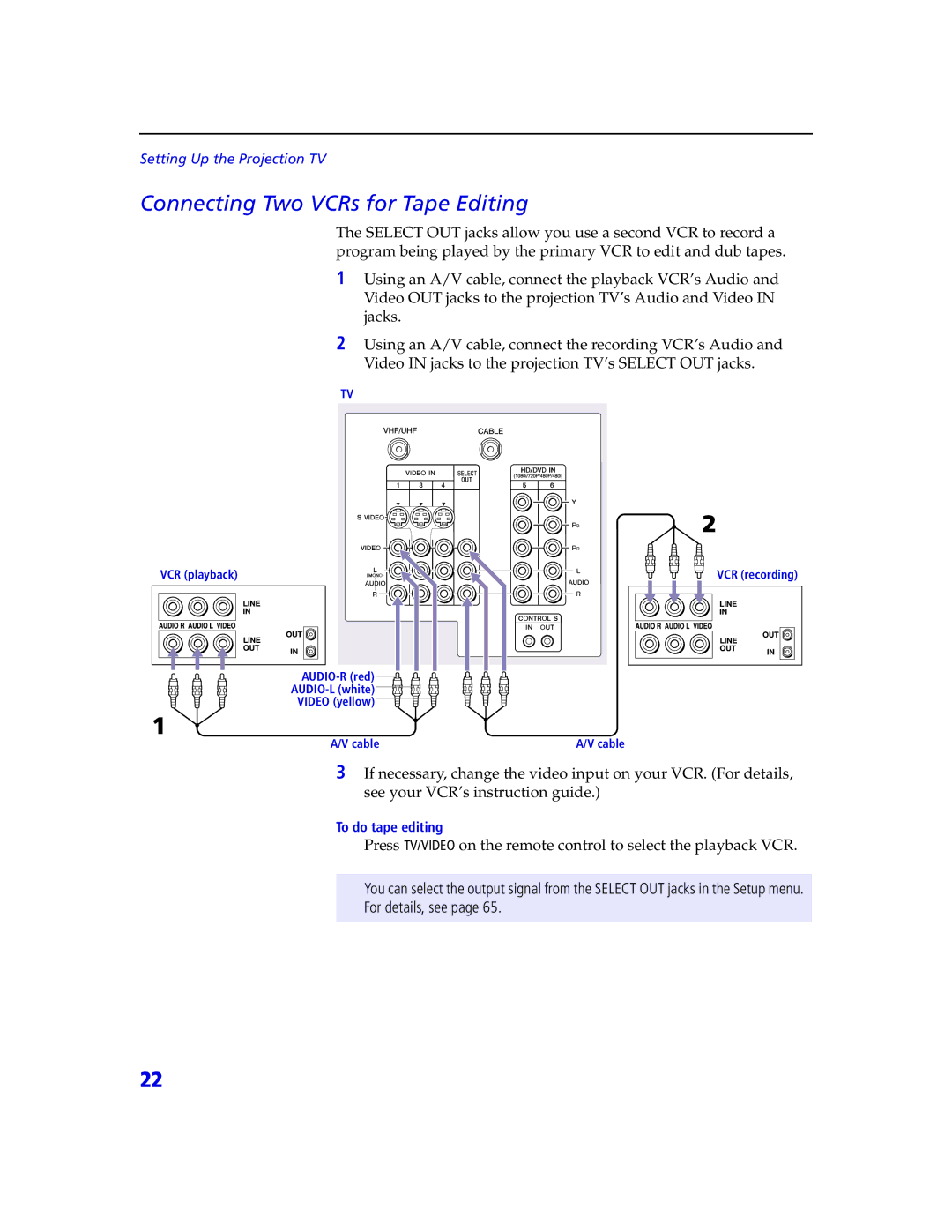 Sony KDP 65XBR2, KDP 57XBR2 instruction manual Connecting Two VCRs for Tape Editing 