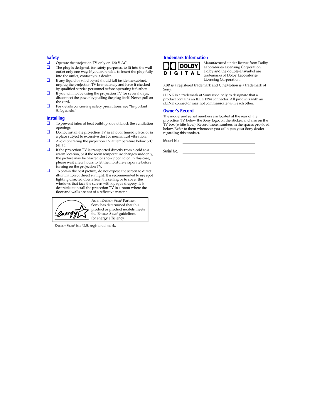 Sony KDP 65XBR2, KDP 57XBR2 instruction manual Safety 