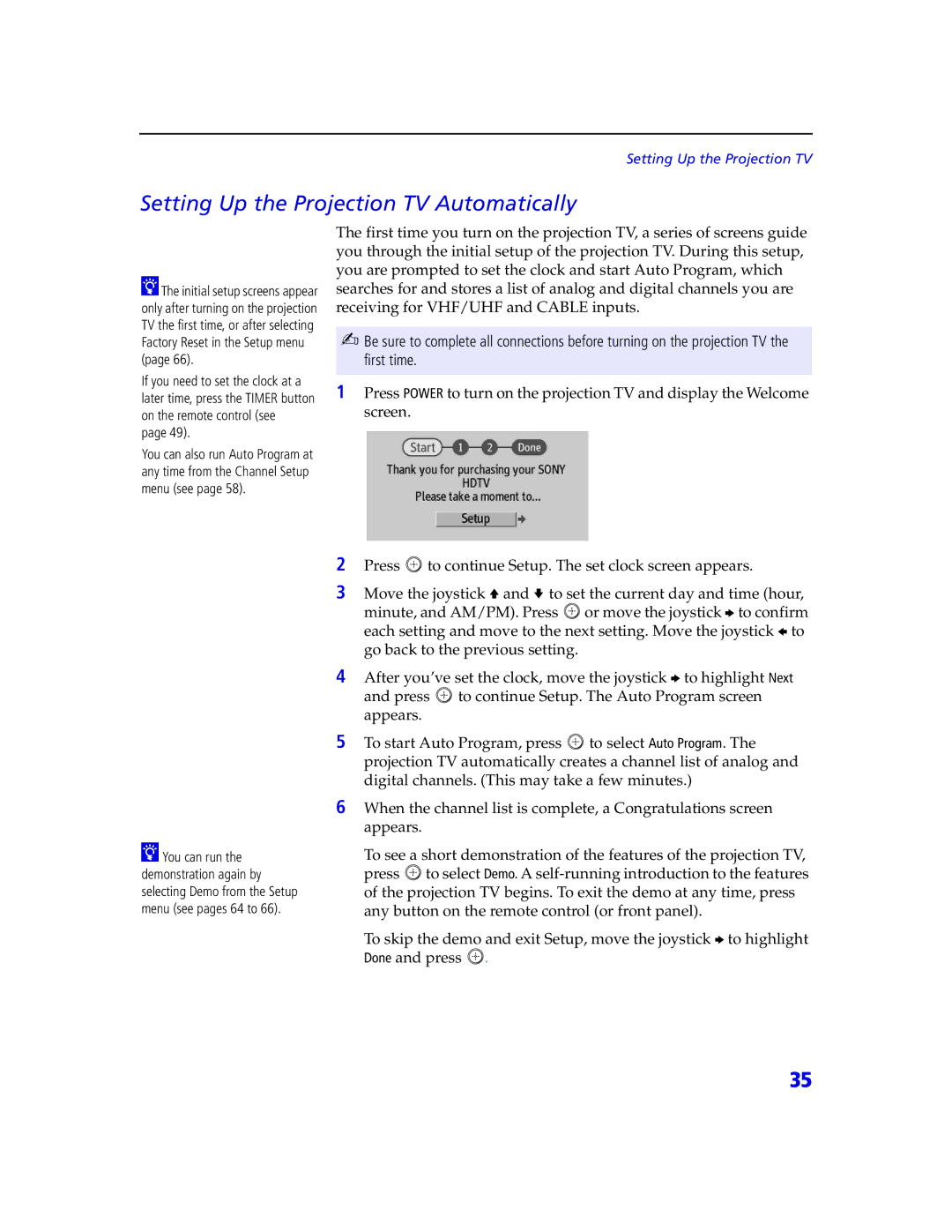 Sony KDP 57XBR2, KDP 65XBR2 instruction manual Setting Up the Projection TV Automatically 