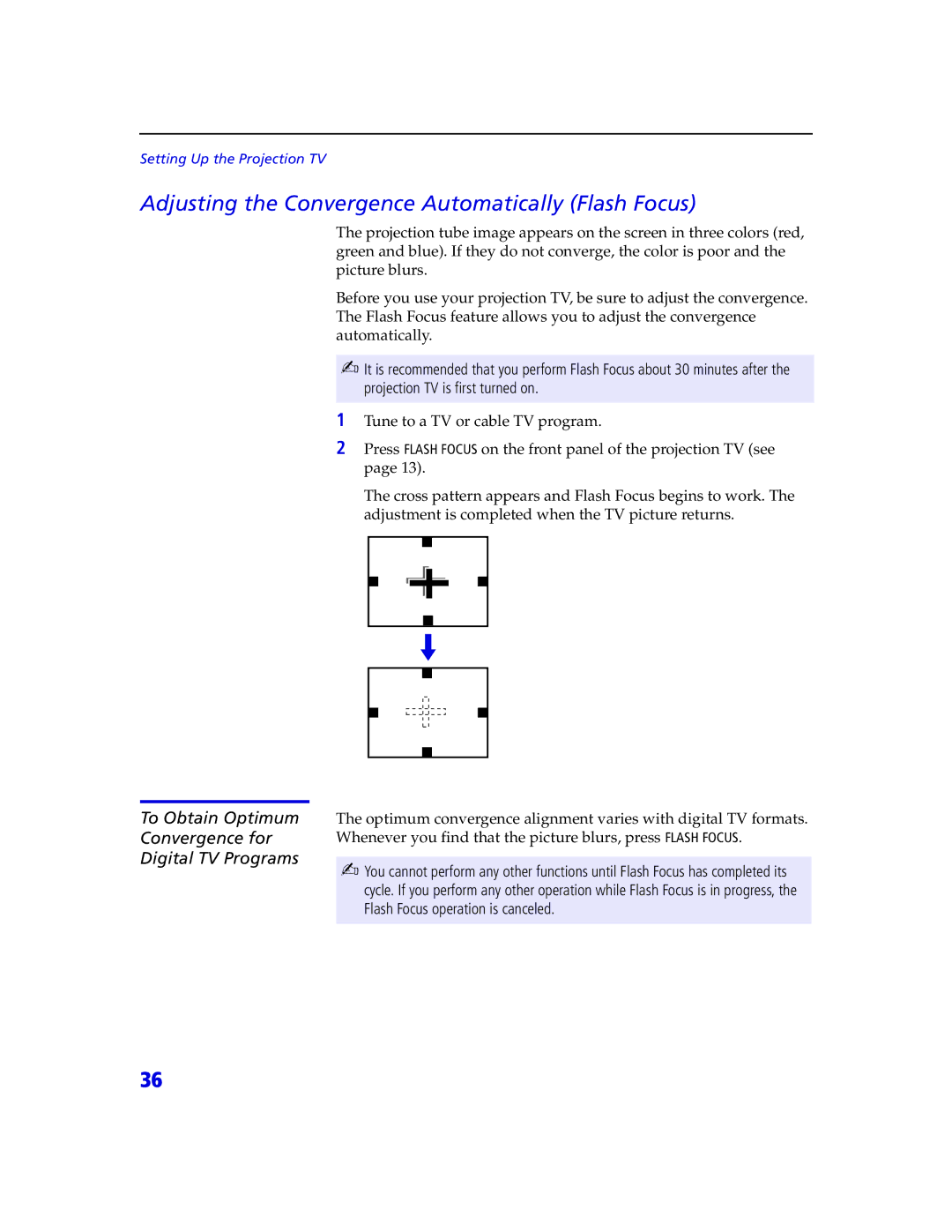 Sony KDP 65XBR2 Adjusting the Convergence Automatically Flash Focus, To Obtain Optimum Convergence for Digital TV Programs 