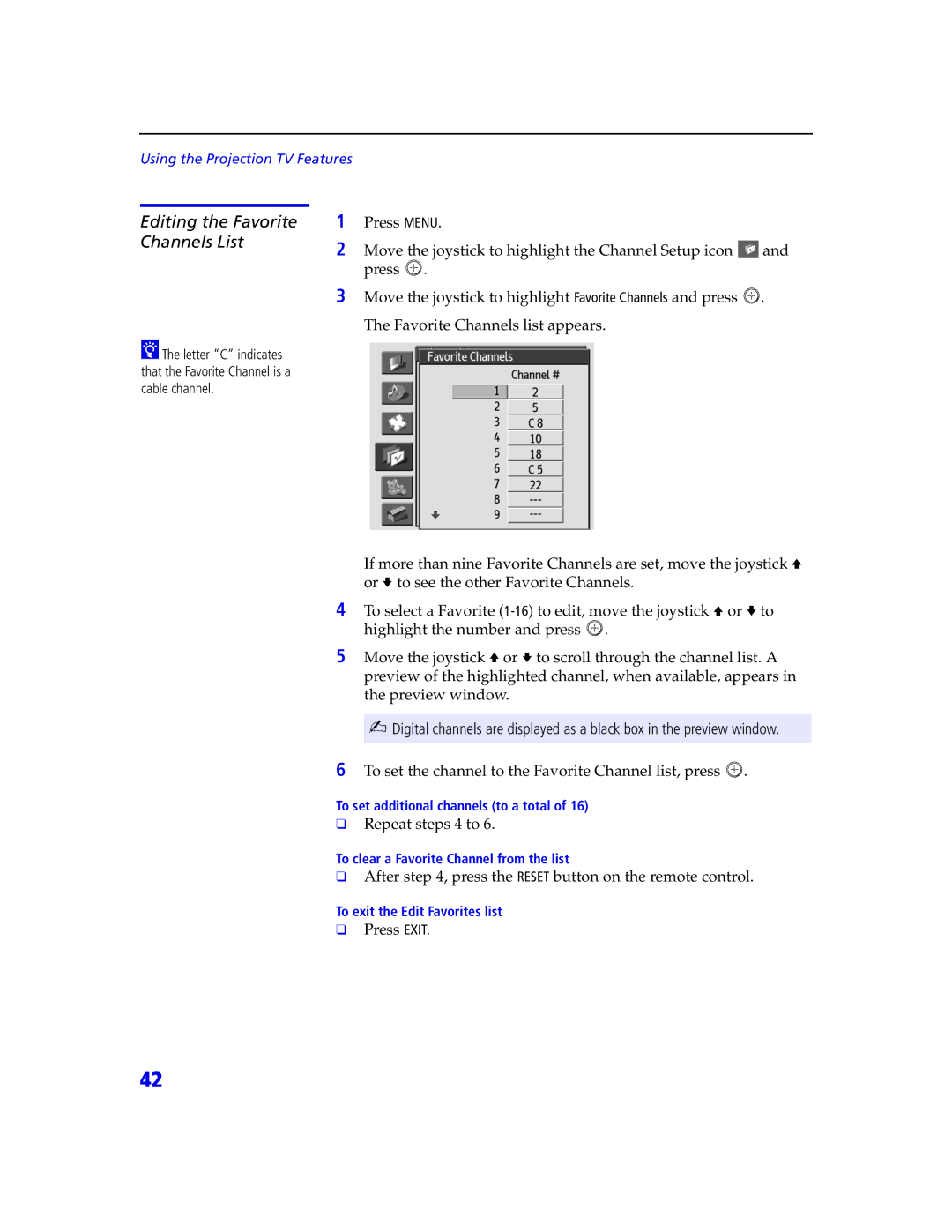 Sony KDP 65XBR2, KDP 57XBR2 instruction manual Editing the Favorite Channels List 