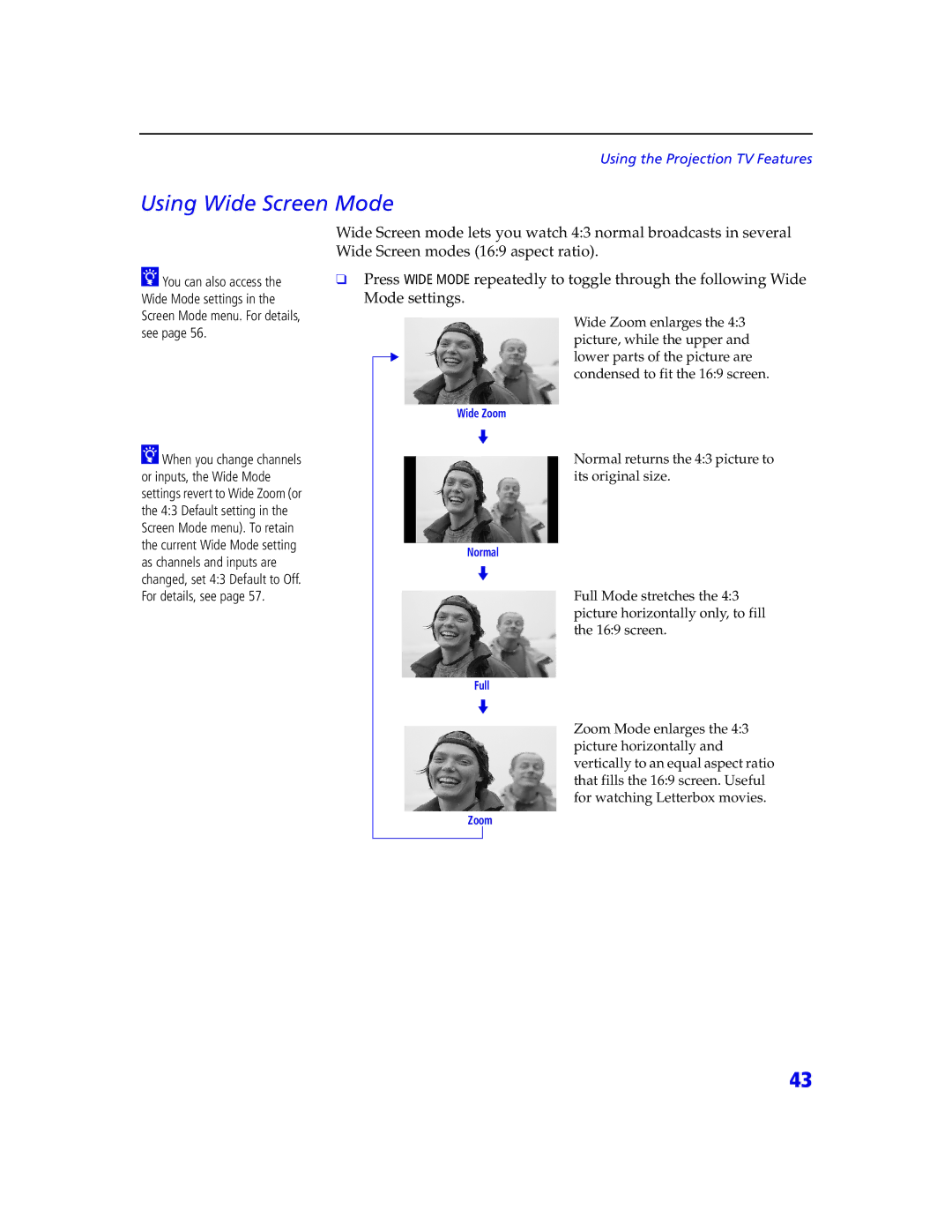 Sony KDP 57XBR2, KDP 65XBR2 instruction manual Using Wide Screen Mode 