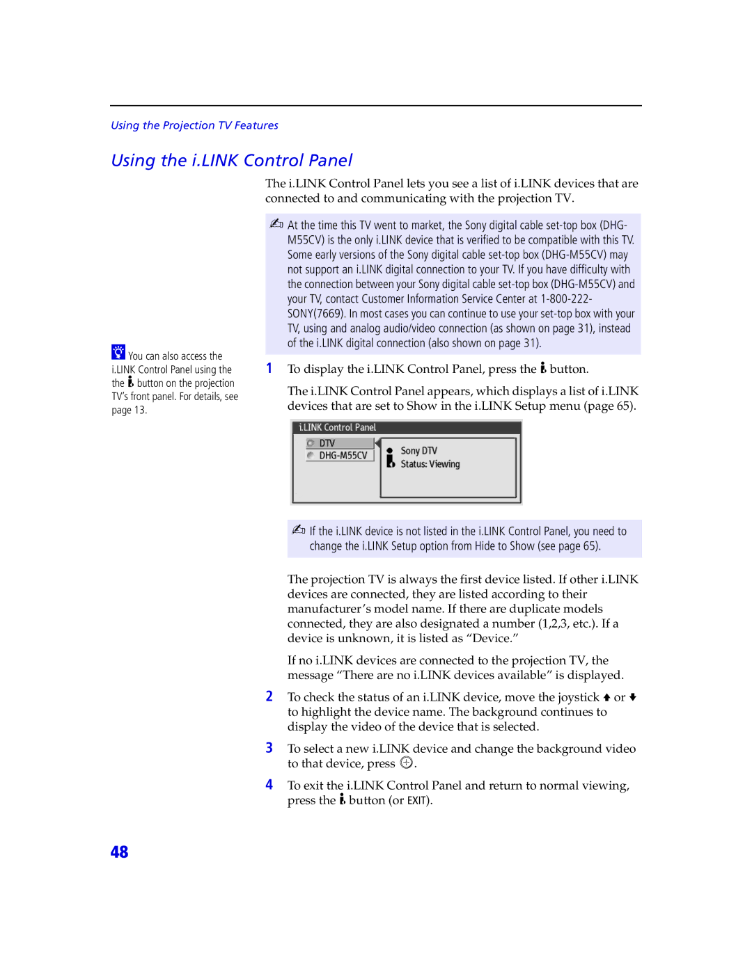 Sony KDP 65XBR2, KDP 57XBR2 instruction manual Using the i.LINK Control Panel 