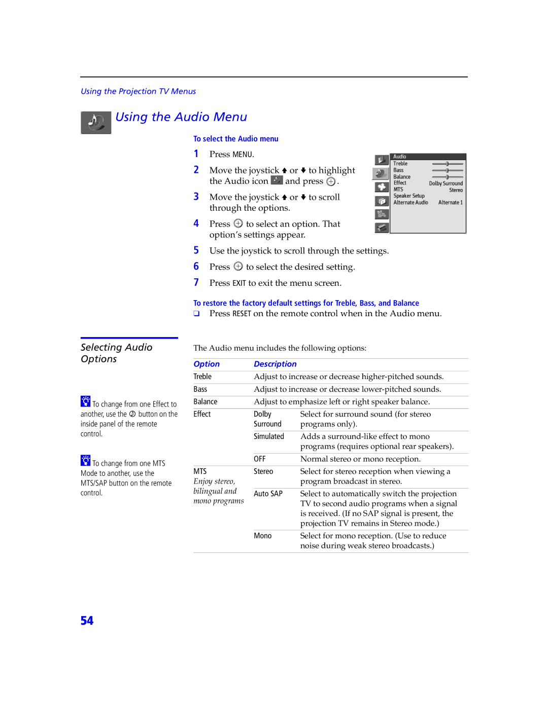 Sony KDP 65XBR2, KDP 57XBR2 instruction manual Using the Audio Menu, Selecting Audio Options 