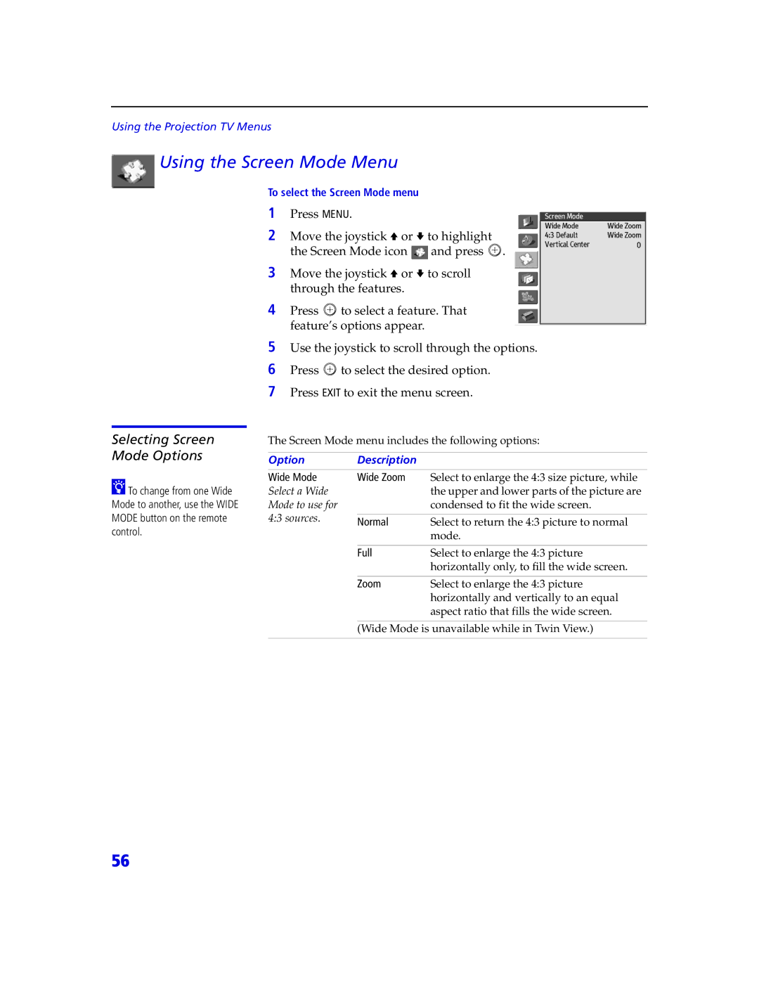 Sony KDP 65XBR2, KDP 57XBR2 instruction manual Using the Screen Mode Menu, Selecting Screen Mode Options 