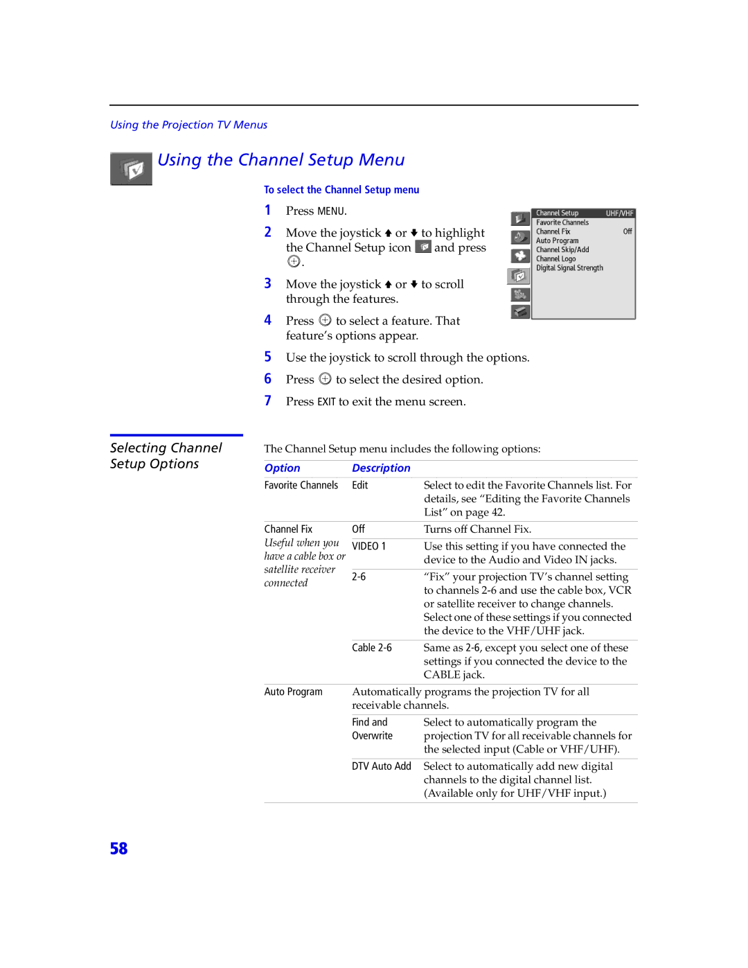 Sony KDP 65XBR2, KDP 57XBR2 instruction manual Using the Channel Setup Menu, Selecting Channel Setup Options 