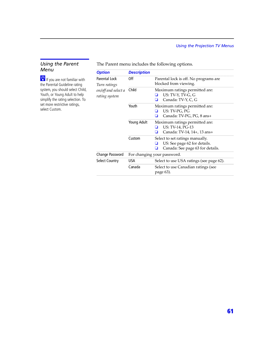 Sony KDP 57XBR2, KDP 65XBR2 instruction manual Using the Parent Menu 