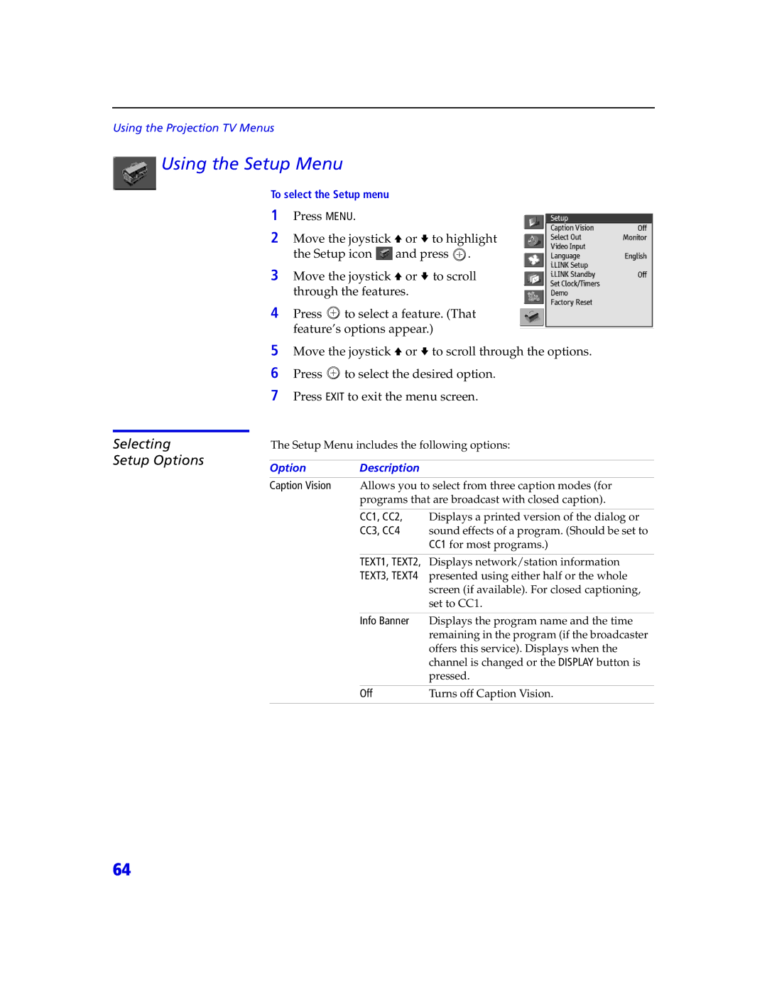 Sony KDP 65XBR2, KDP 57XBR2 instruction manual Using the Setup Menu, Selecting Setup Options 