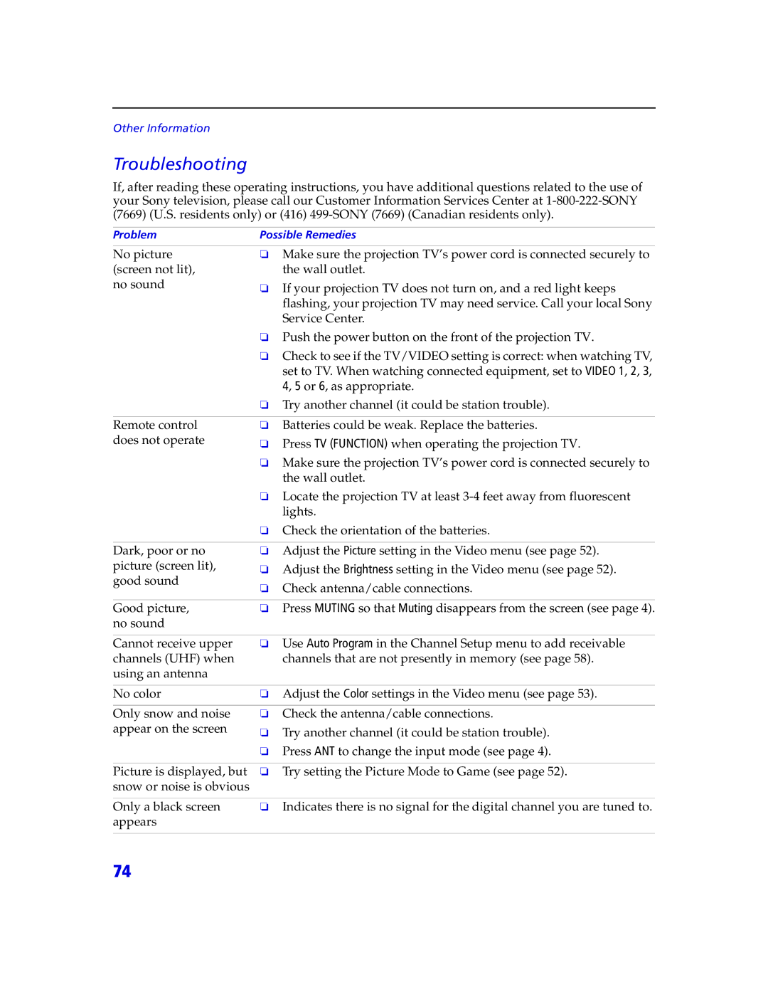 Sony KDP 65XBR2, KDP 57XBR2 instruction manual Troubleshooting 