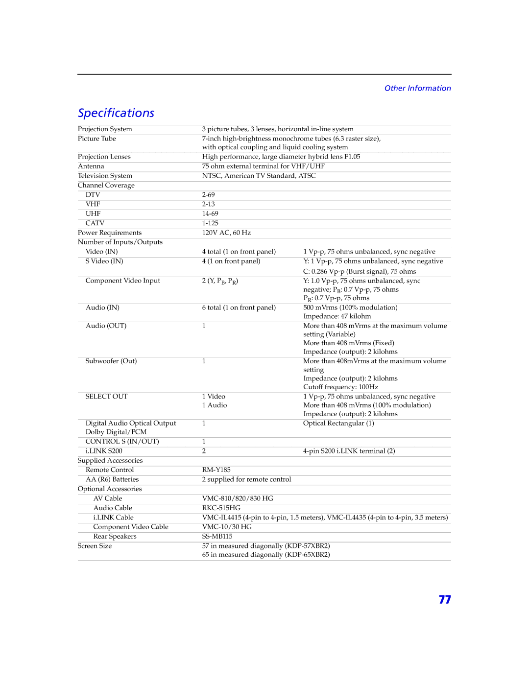 Sony KDP 57XBR2, KDP 65XBR2 instruction manual Specifications, Catv 