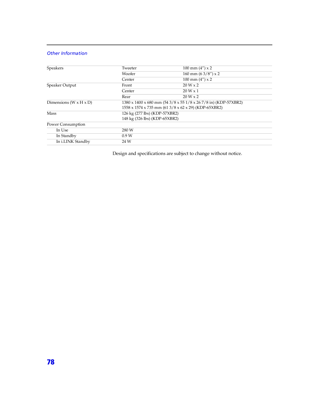 Sony KDP 65XBR2, KDP 57XBR2 instruction manual Other Information 