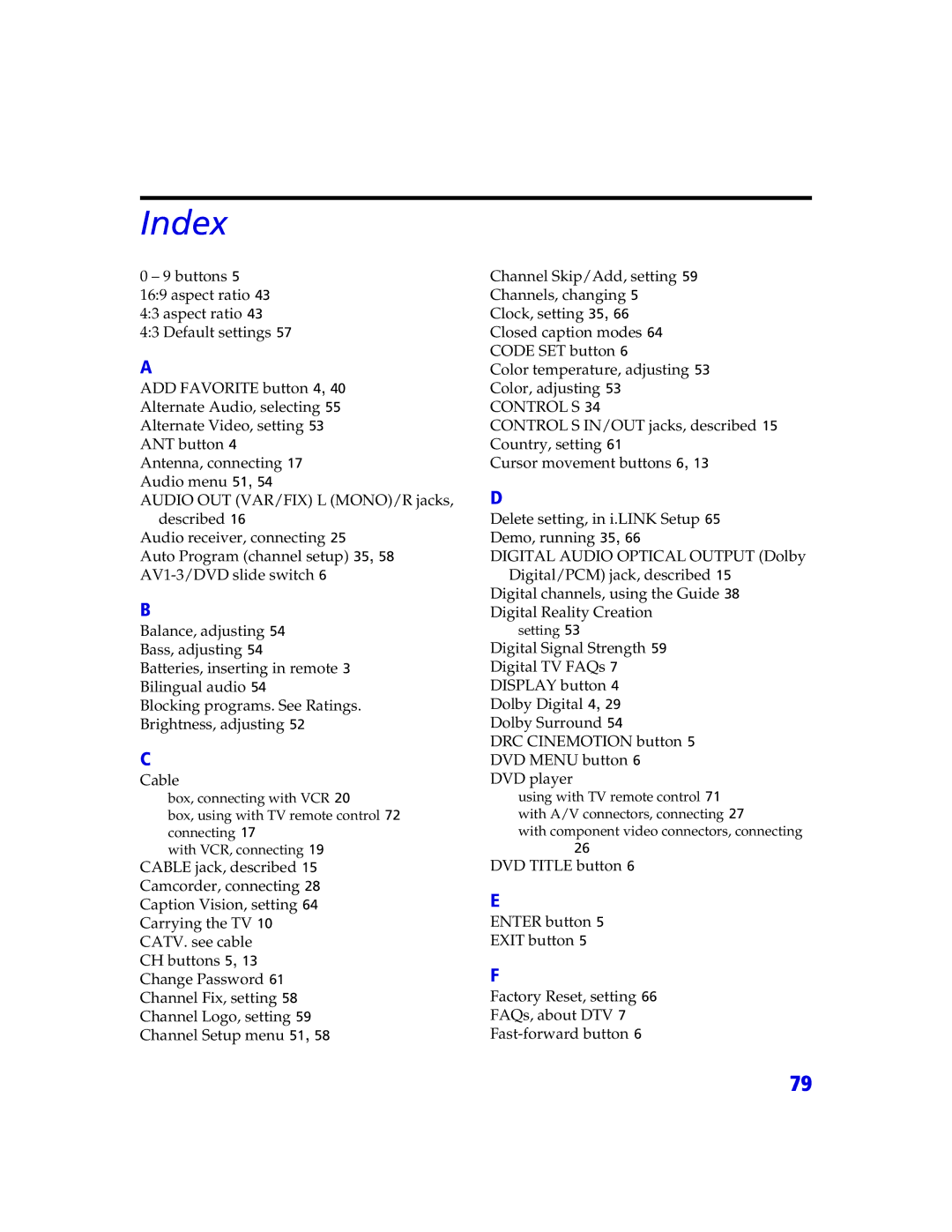 Sony KDP 57XBR2, KDP 65XBR2 instruction manual Index 