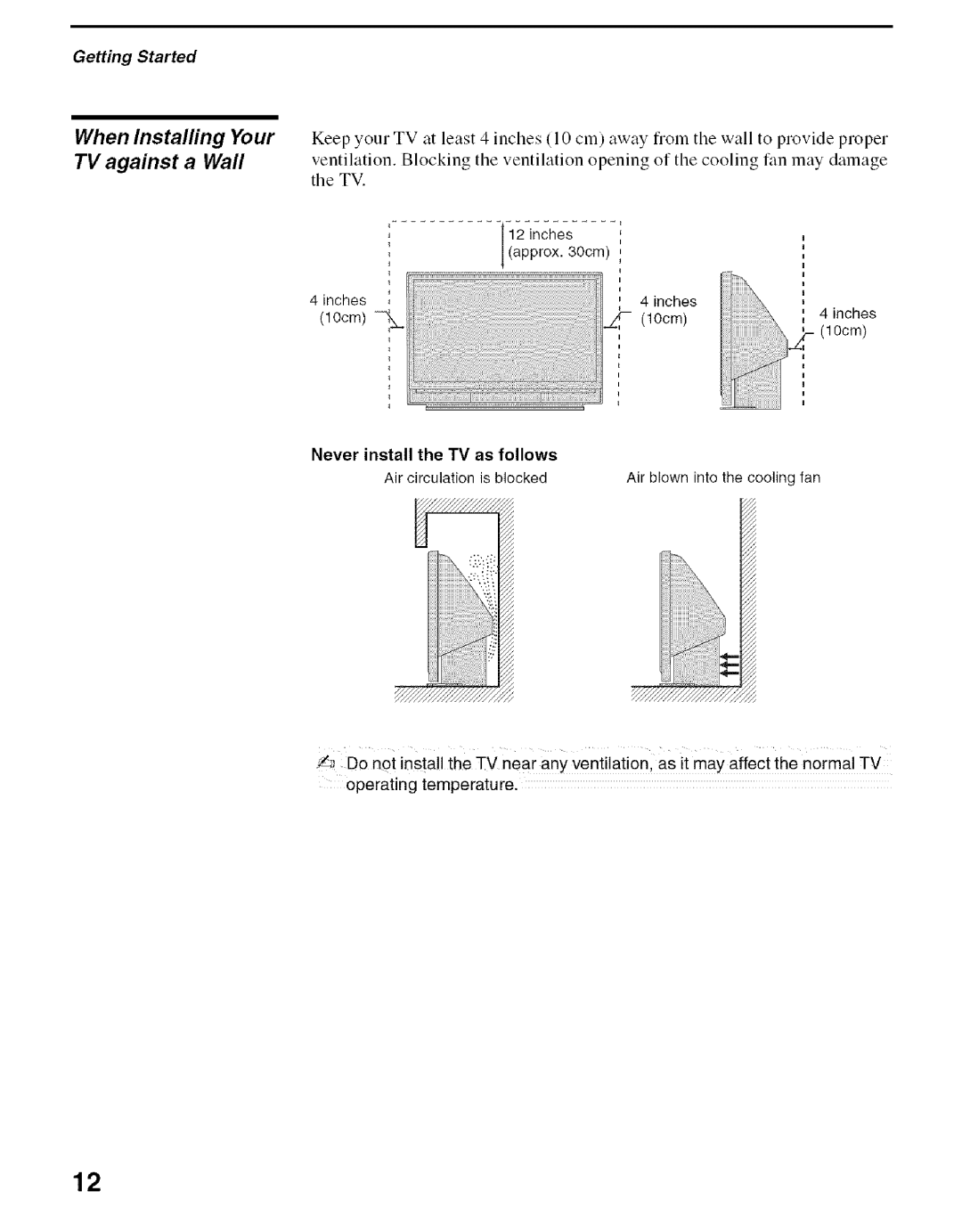 Sony KDS-50A2000, KDS-60A2000 manual When Instalfing Your TV against a Wall, Never install the TV as follows, Inches, 10cm 