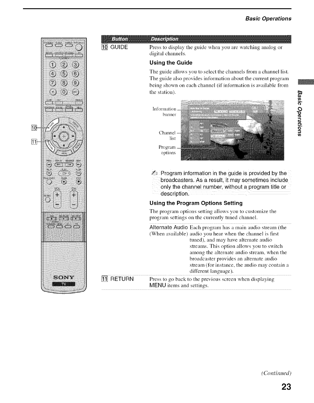 Sony KDS-55A2000, KDS-50A2000, KDS-60A2000 manual Basic Operations, Return 