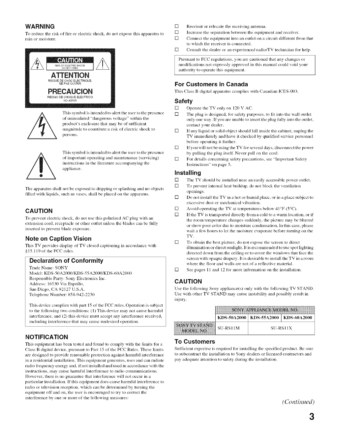 Sony KDS-50A2000, KDS-60A2000, KDS-55A2000 Declaration of Conformity, For Customers in Canada, Installing, To Customers 