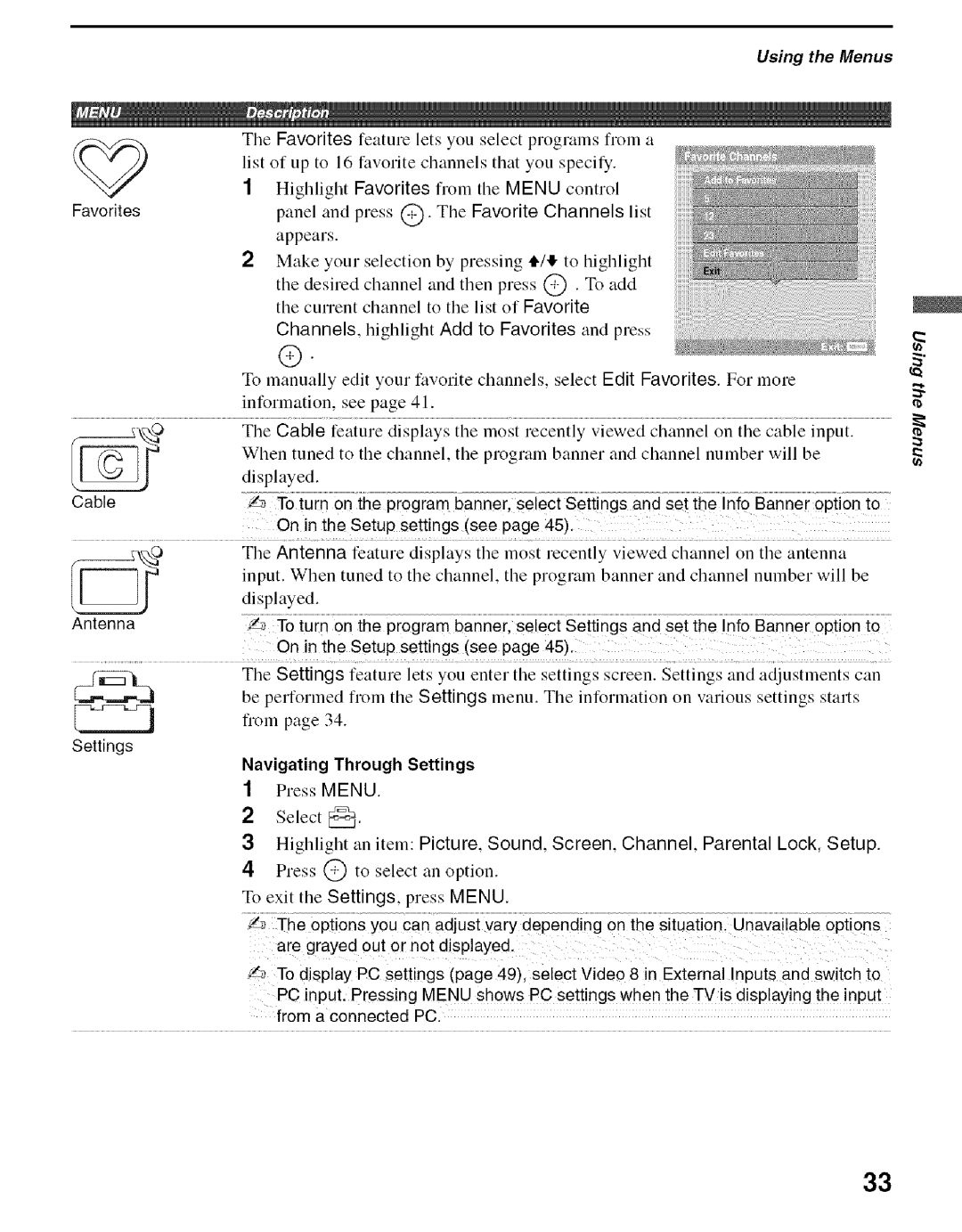 Sony KDS-50A2000, KDS-60A2000, KDS-55A2000 manual To Favorites and press, Options you, Navigating 