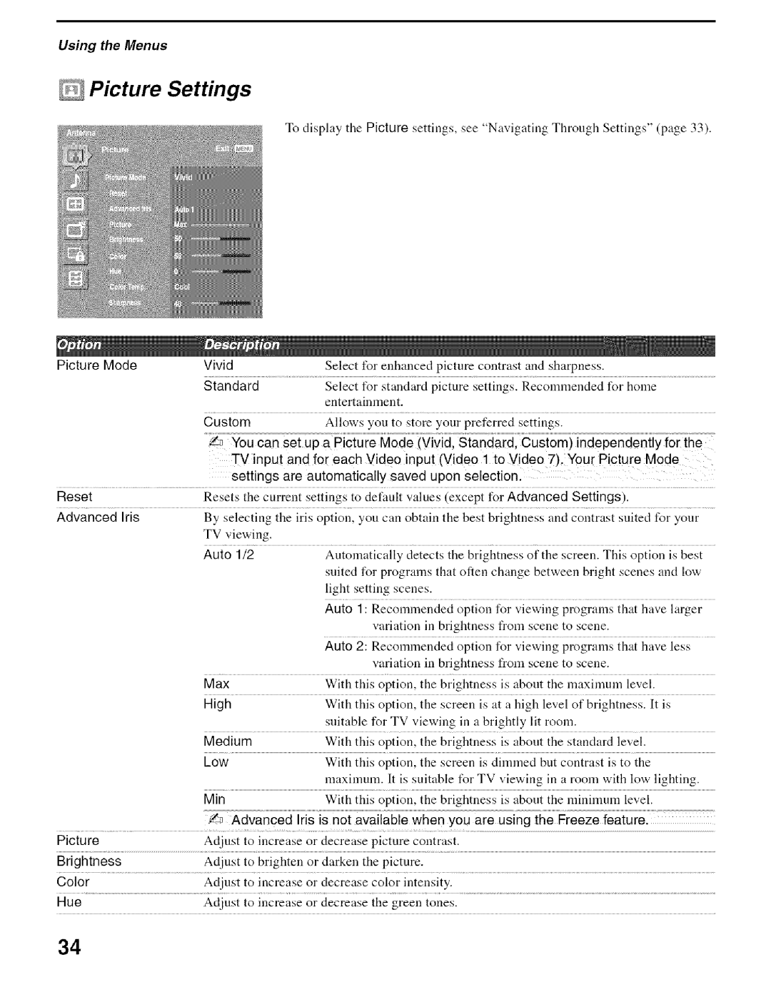 Sony KDS-60A2000, KDS-50A2000, KDS-55A2000 manual Picture Settings 