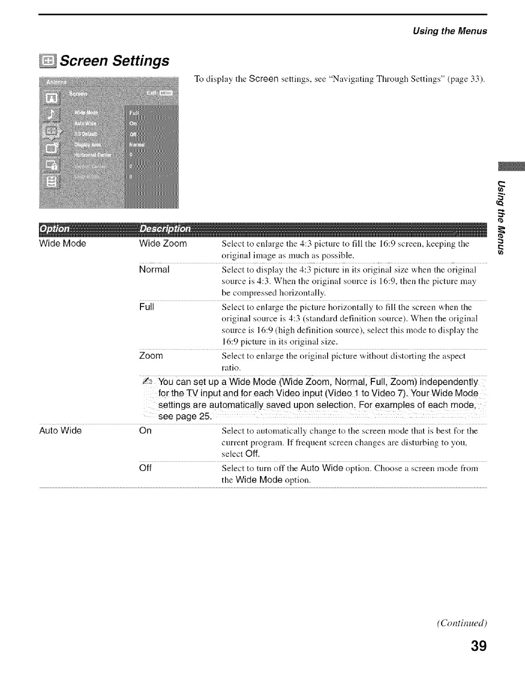 Sony KDS-50A2000, KDS-60A2000, KDS-55A2000 manual Screen Settings 