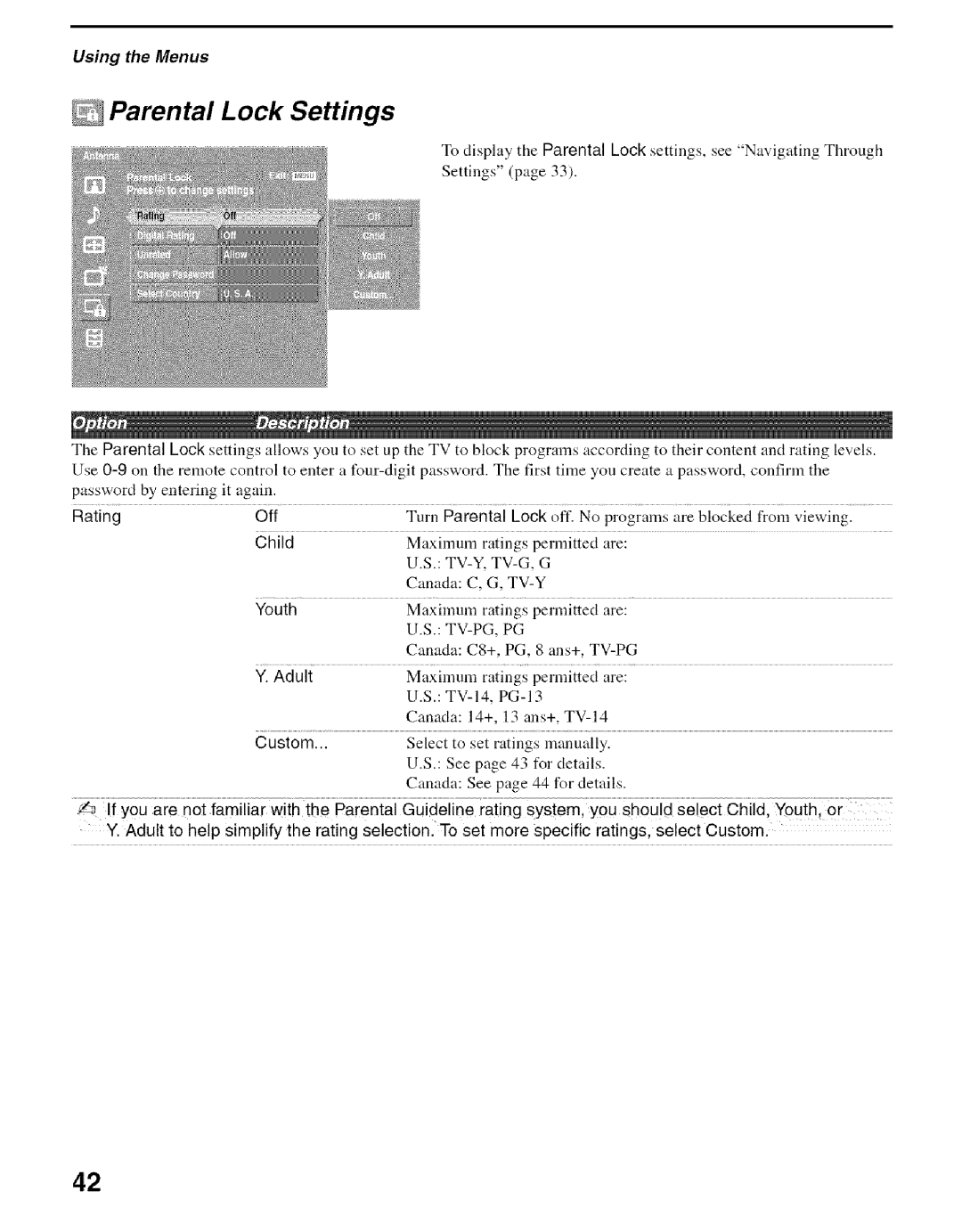 Sony KDS-50A2000, KDS-60A2000, KDS-55A2000 manual Parental Lock Settings, Rating, Adult, Child 