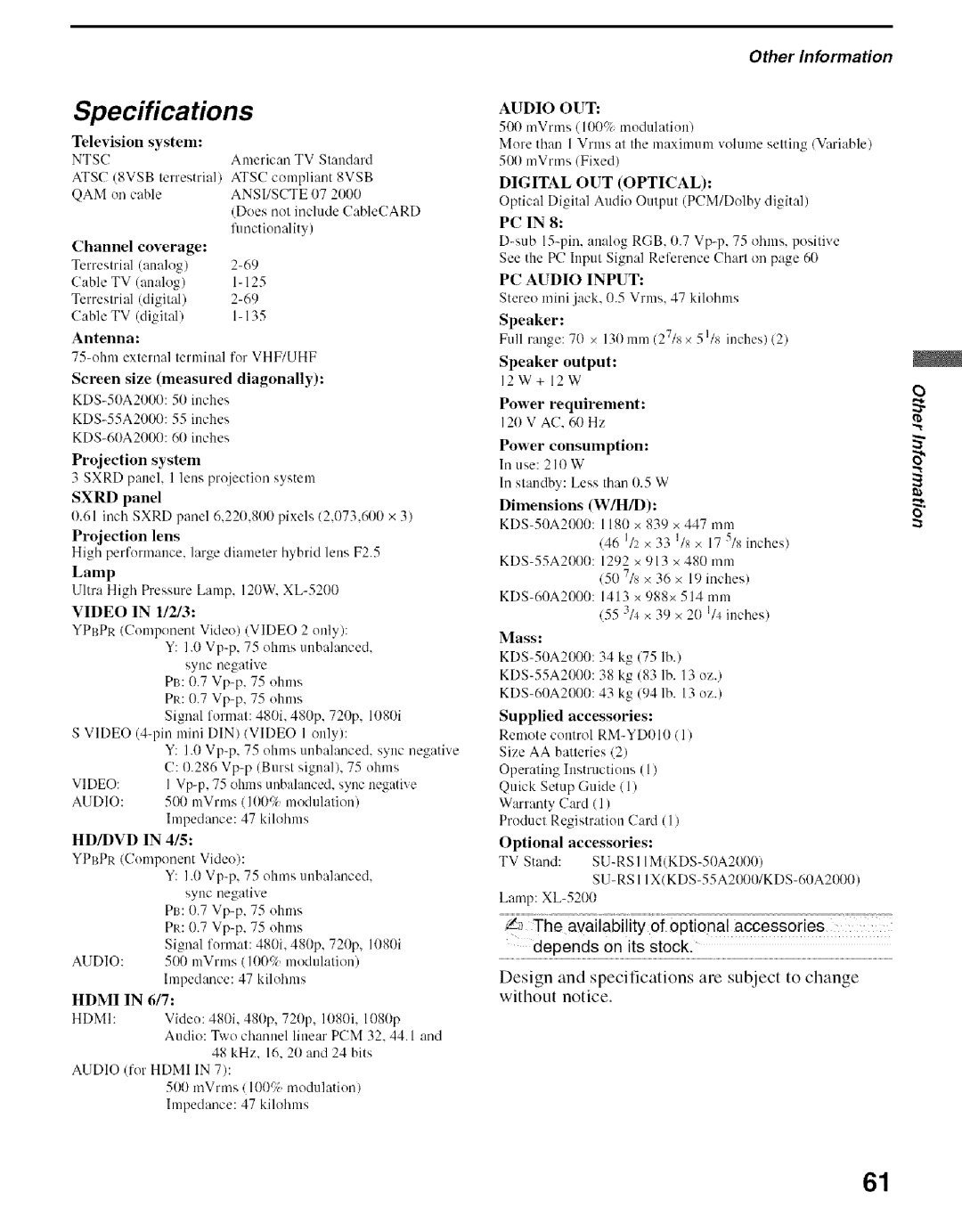 Sony KDS-60A2000, KDS-50A2000, KDS-55A2000 manual Specifications 