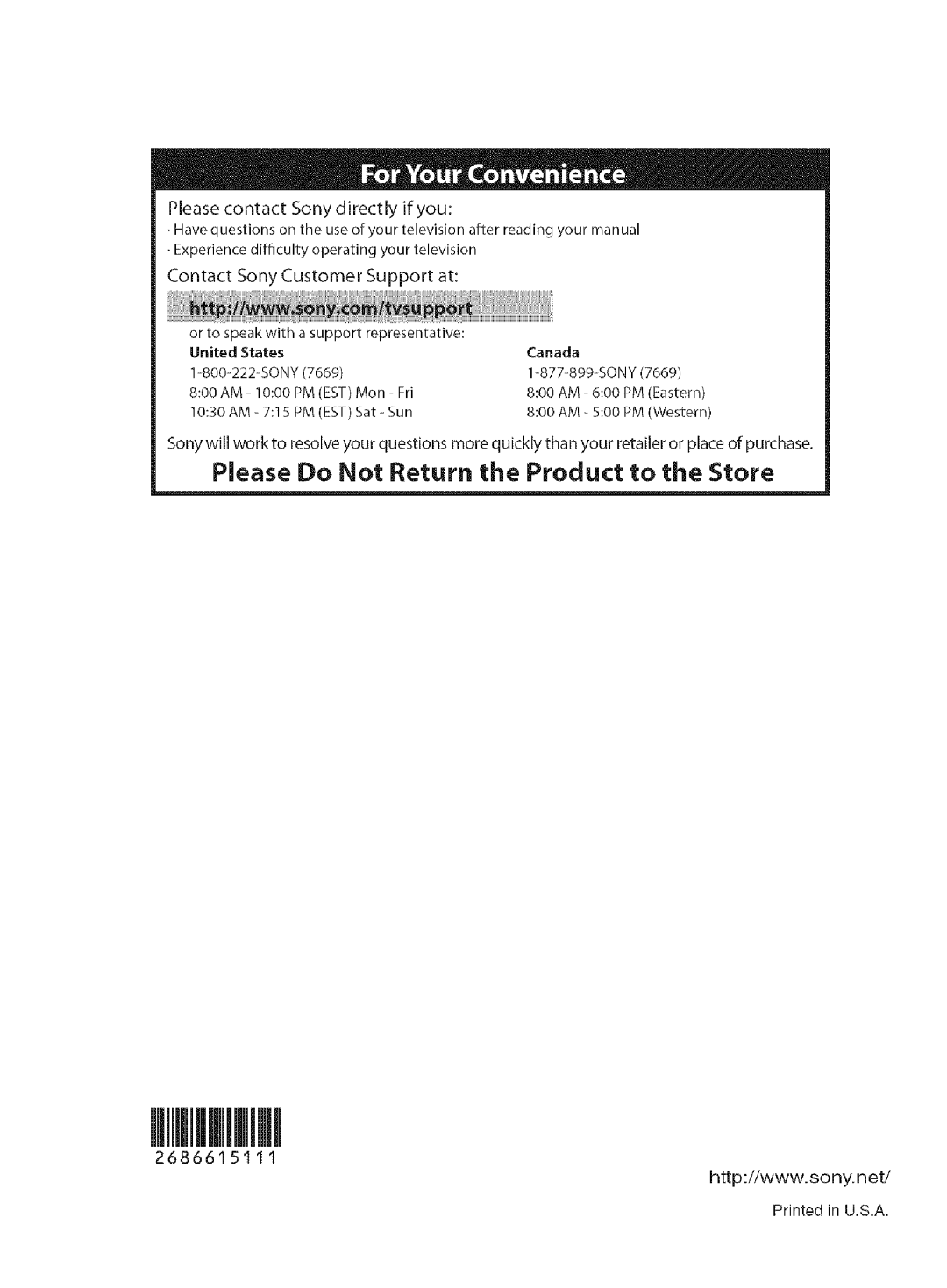 Sony KDS-60A2000, KDS-50A2000, KDS-55A2000 manual Please Do Not Return the Product to the Store 