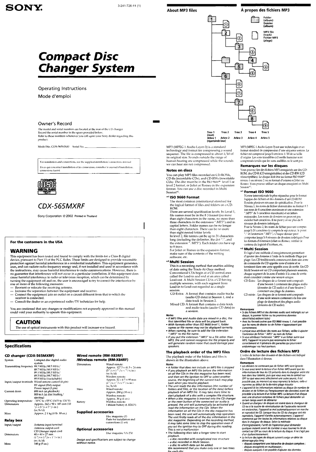 Sony RM-X83RF, KDX-565MXRF operating instructions Operating Instructions Mode d’emploi, Specifications 