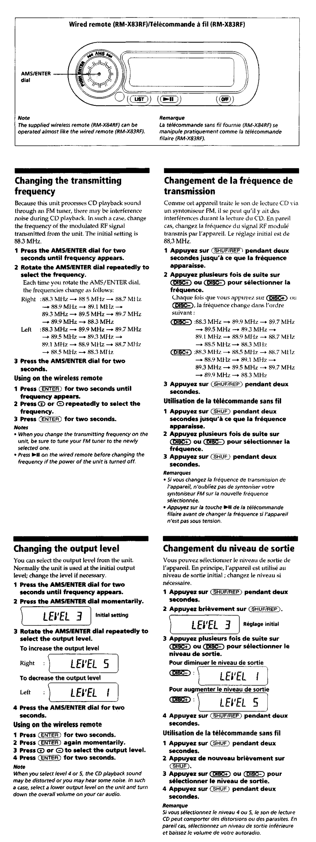 Sony RM-X83RF, KDX-565MXRF operating instructions Changement de la frequence de transmission, Changing the output level 