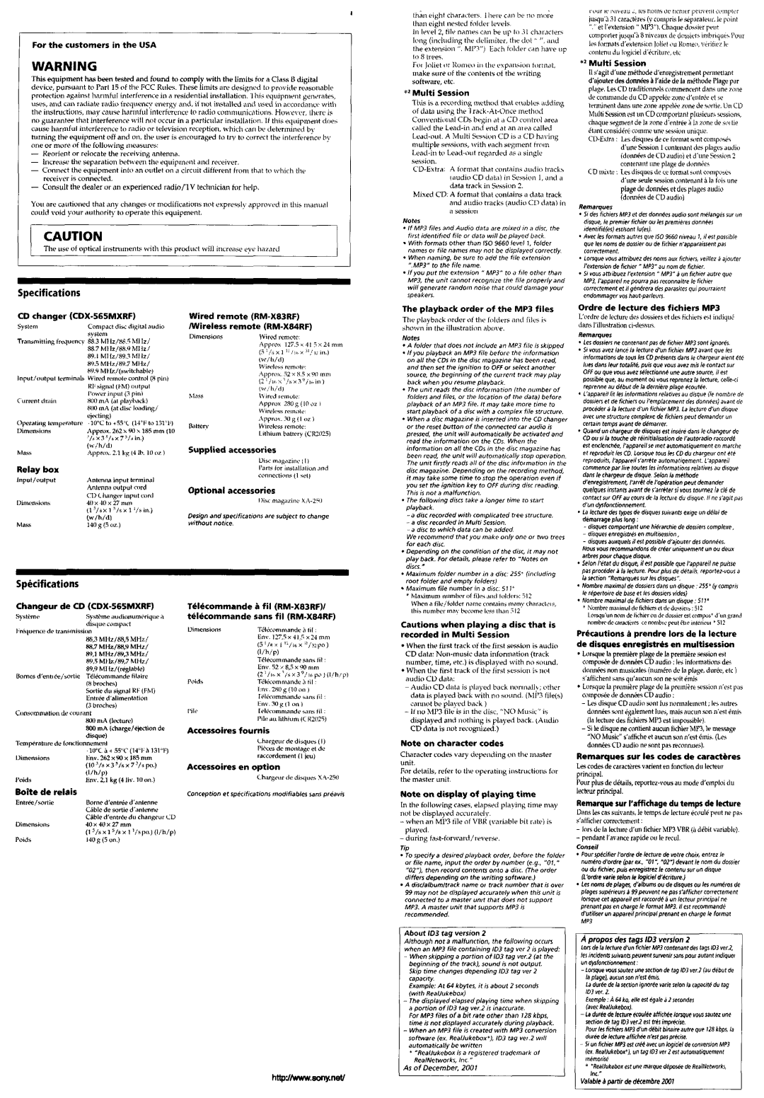 Sony KDX-565MXRF, RM-X83RF operating instructions Specifications 