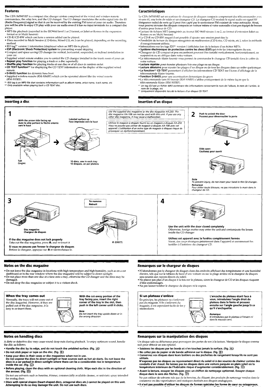 Sony RM-X83RF, KDX-565MXRF Inserting a disc, Remarques sur la manipulation des disques, Insertion d’un disque 