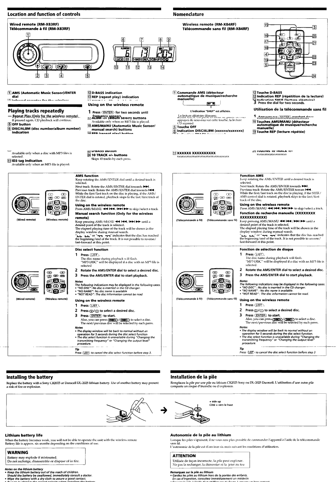 Sony RM-X83RF, KDX-565MXRF operating instructions Location and function of controls, Nomenclature 