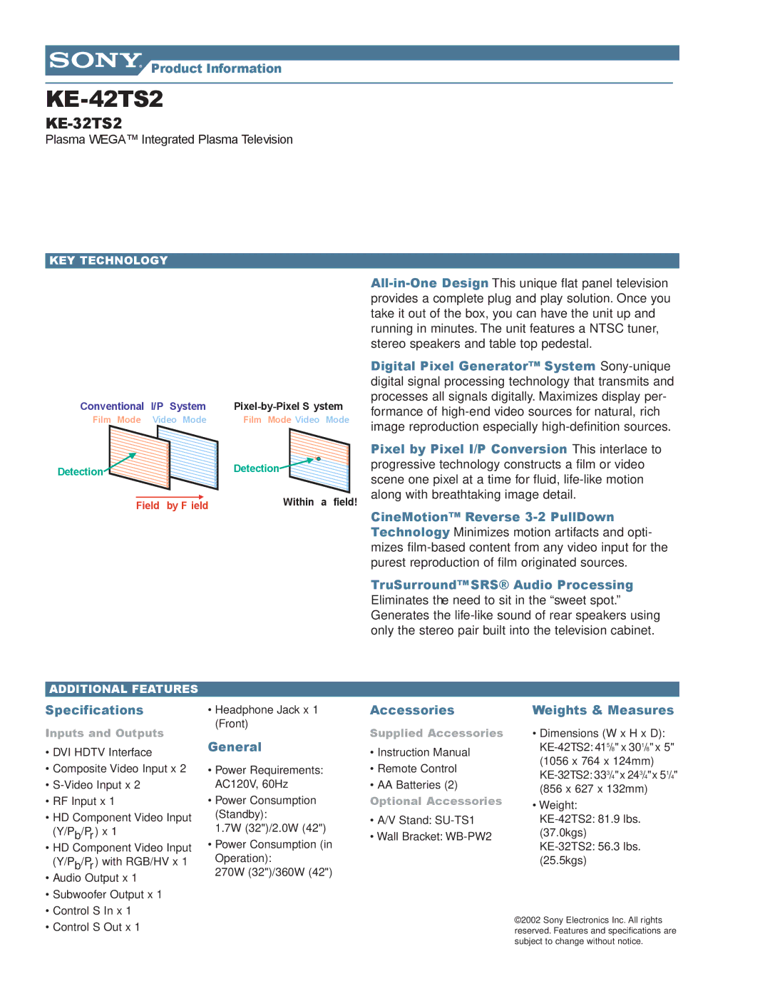 Sony KE-32TS2, KE-42TS2 manual Specifications, Accessories, General, Weights & Measures, KEY Technology 