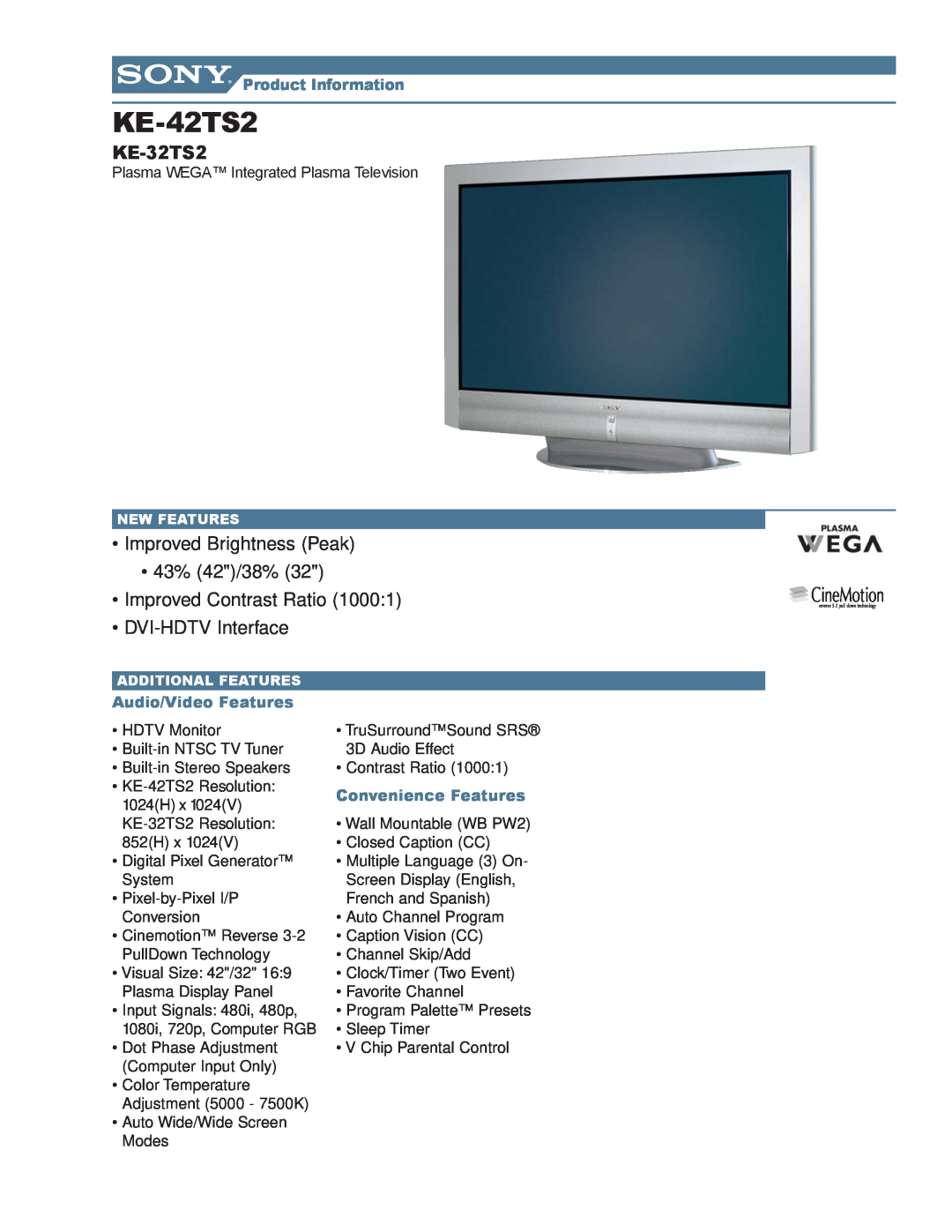 Sony KE-42TS2 manual KE-32TS2, Plasma WEGA Integrated Plasma Television, Audio/Video Features, Convenience Features 