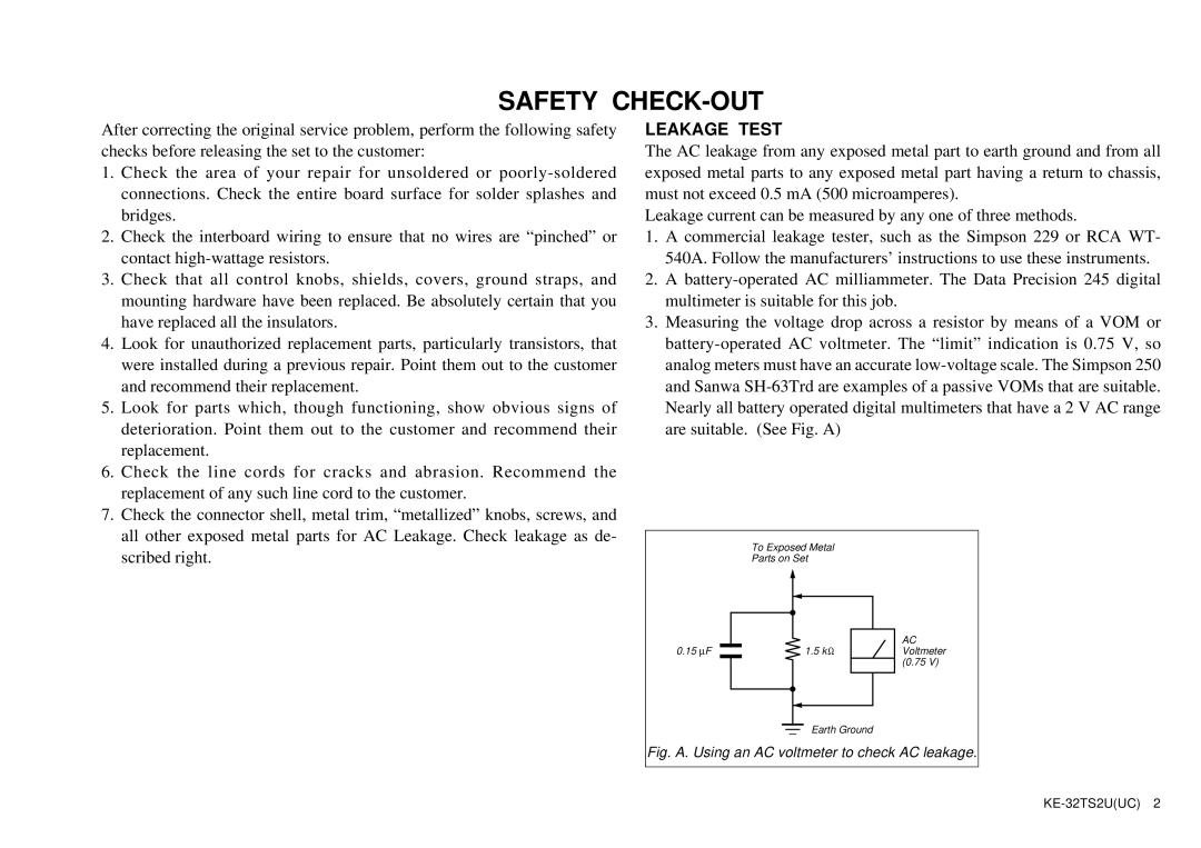 Sony KE-32TS2U service manual Safety CHECK-OUT 