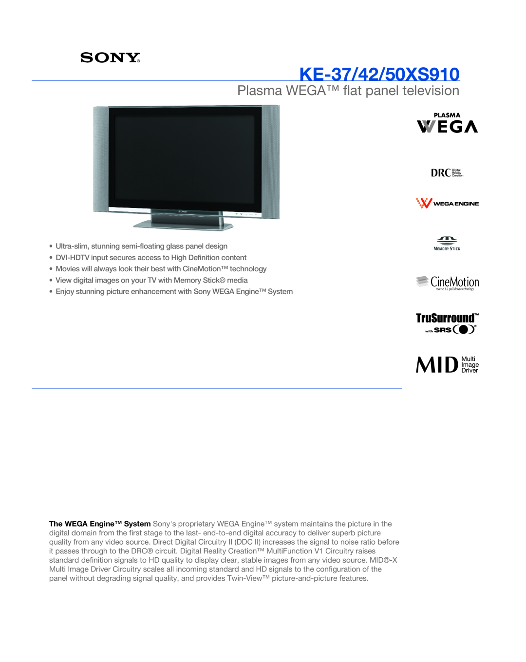 Sony KE-42 manual KE-37/42/50XS910, Plasma WEGA flat panel television 