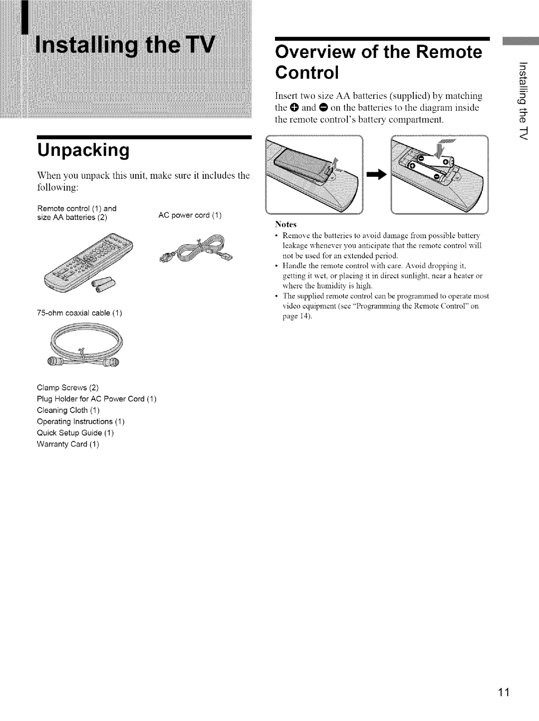 Sony KE-42M1 manual Overview of the Remote Control, Unpacking, When you unpack this unit, make sure it includes Following 