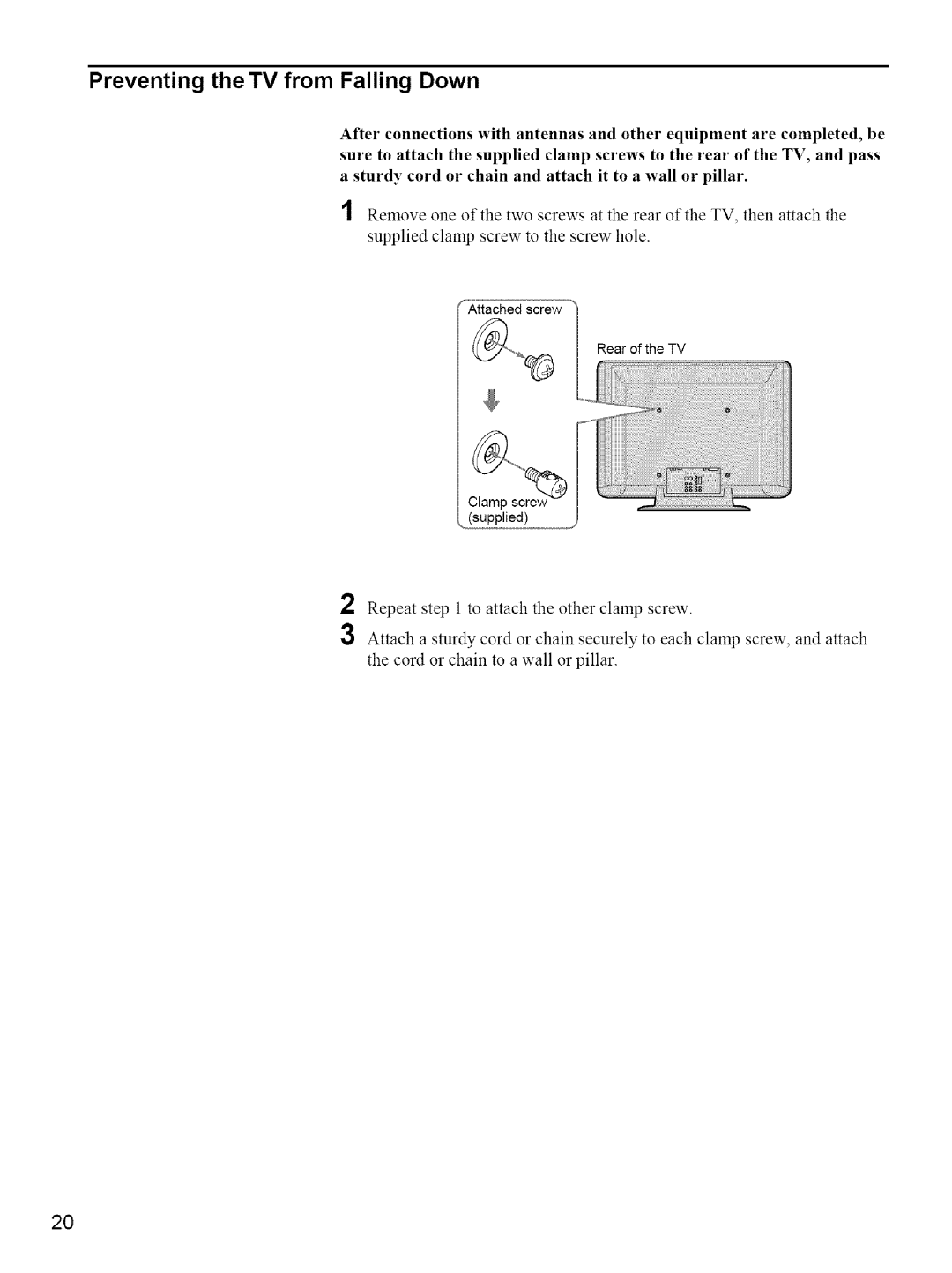 Sony KE-42M1 manual Preventing the TV from Falling Down 