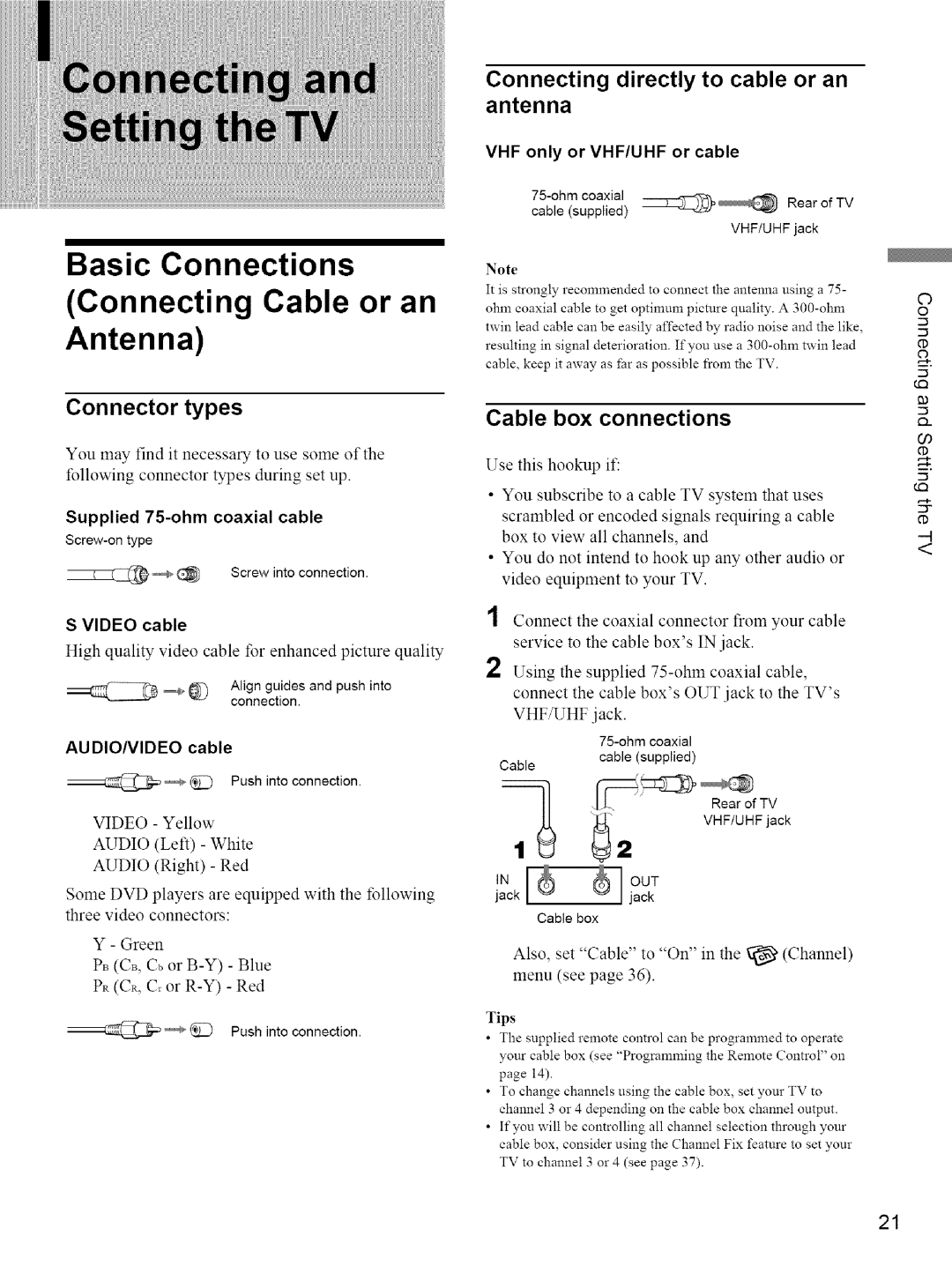 Sony KE-42M1 Basic Connections Connecting Cable or an Antenna, Connector types, Connecting directly to cable or an antenna 