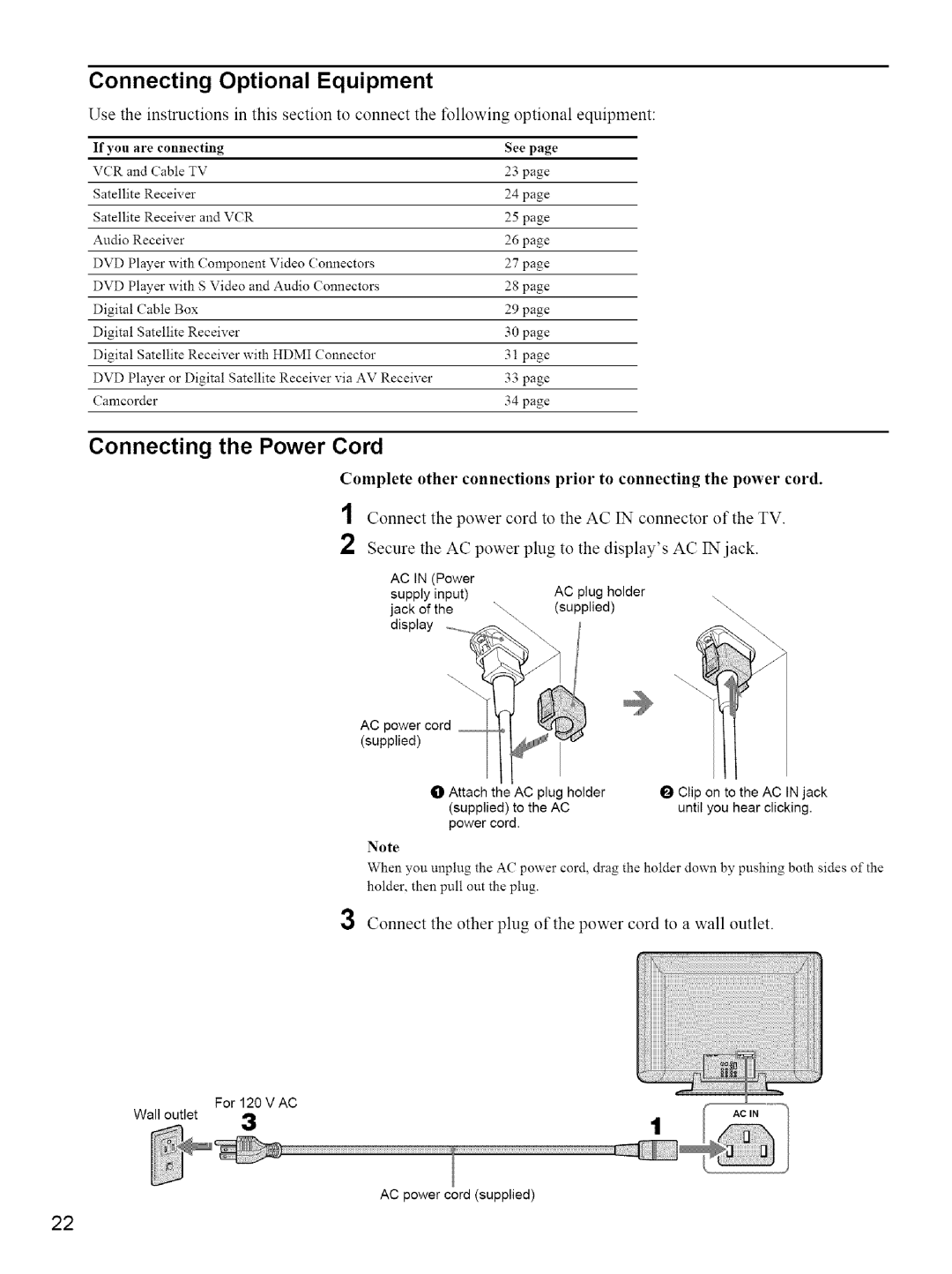 Sony KE-42M1 manual Connecting Optional Equipment, Connecting the Power Cord 