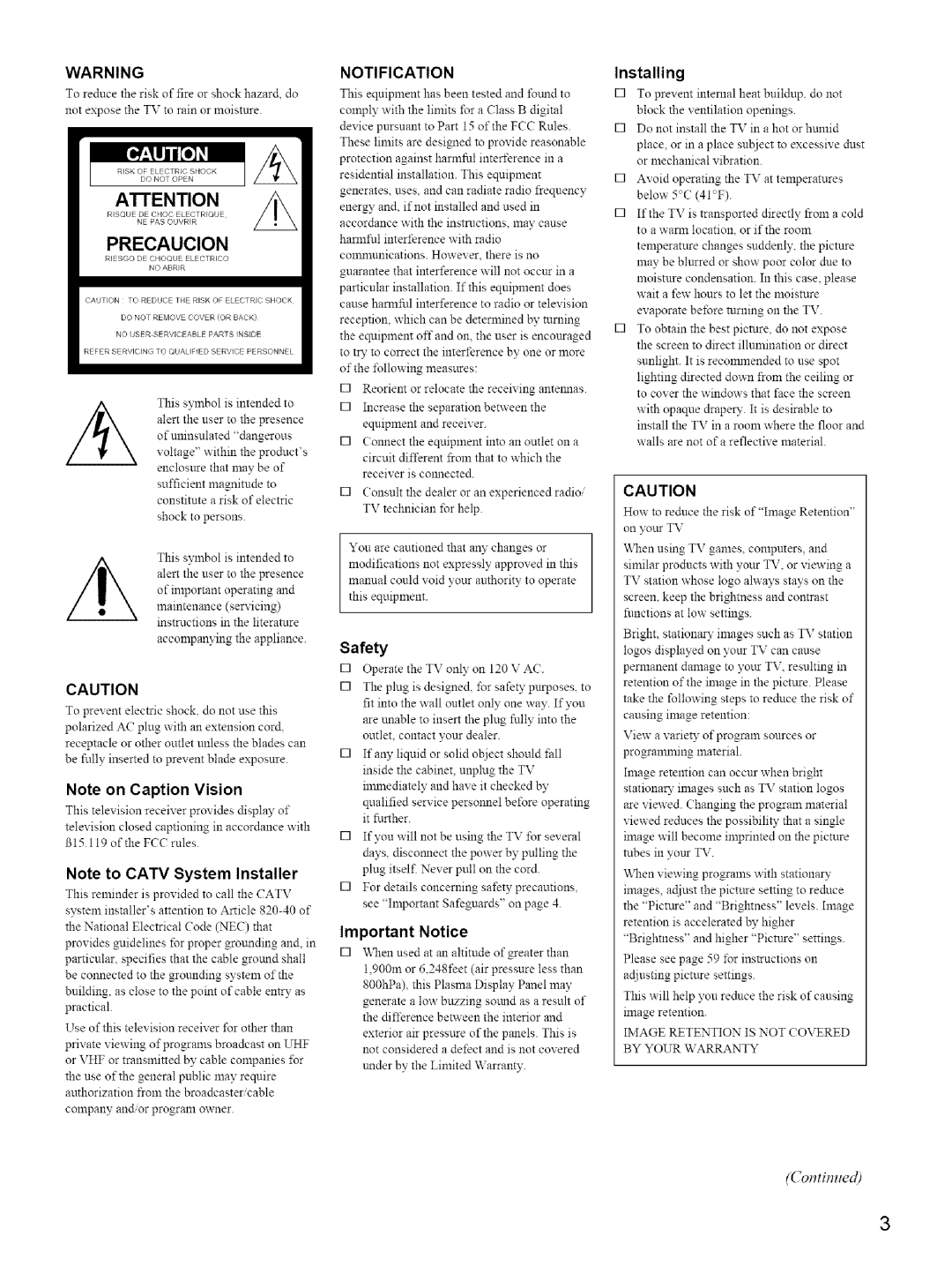 Sony KE-42M1 manual Safety, Important Notice 