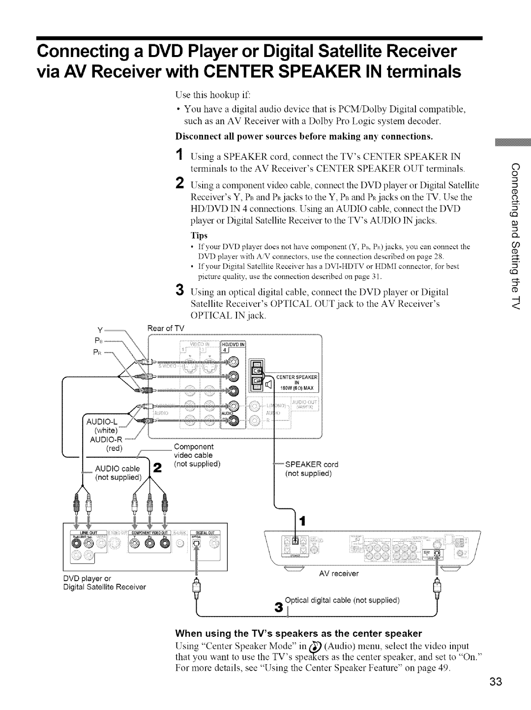 Sony KE-42M1 manual II-NaCENTERISPEAKER-d, When using the TVs speakers as the center speaker 