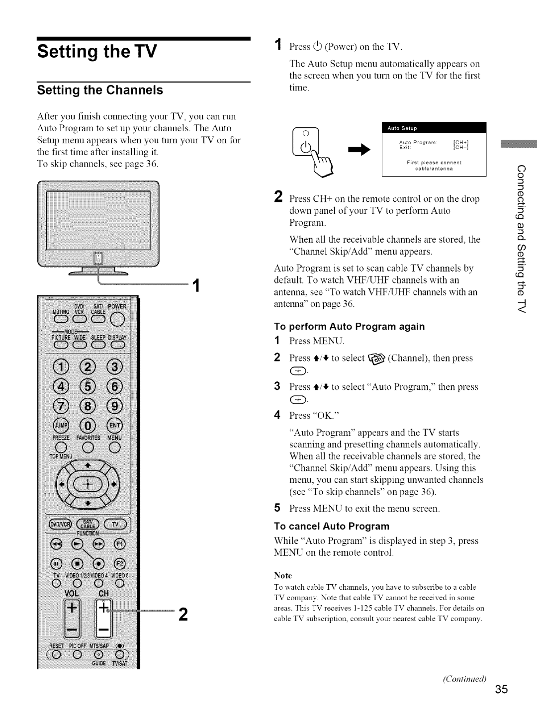 Sony KE-42M1 manual Setting the TV, Setting the Channels, To perform Auto Program again, To cancel Auto Program 