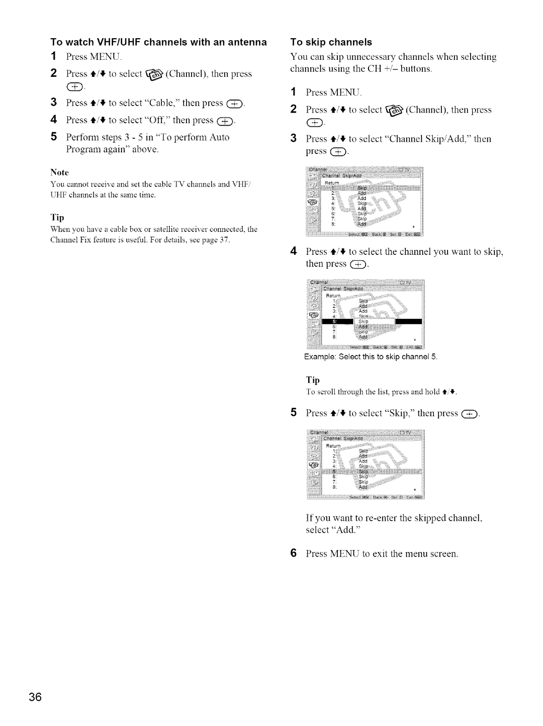 Sony KE-42M1 manual To watch VHF/UHF channels with an antenna, Tip 