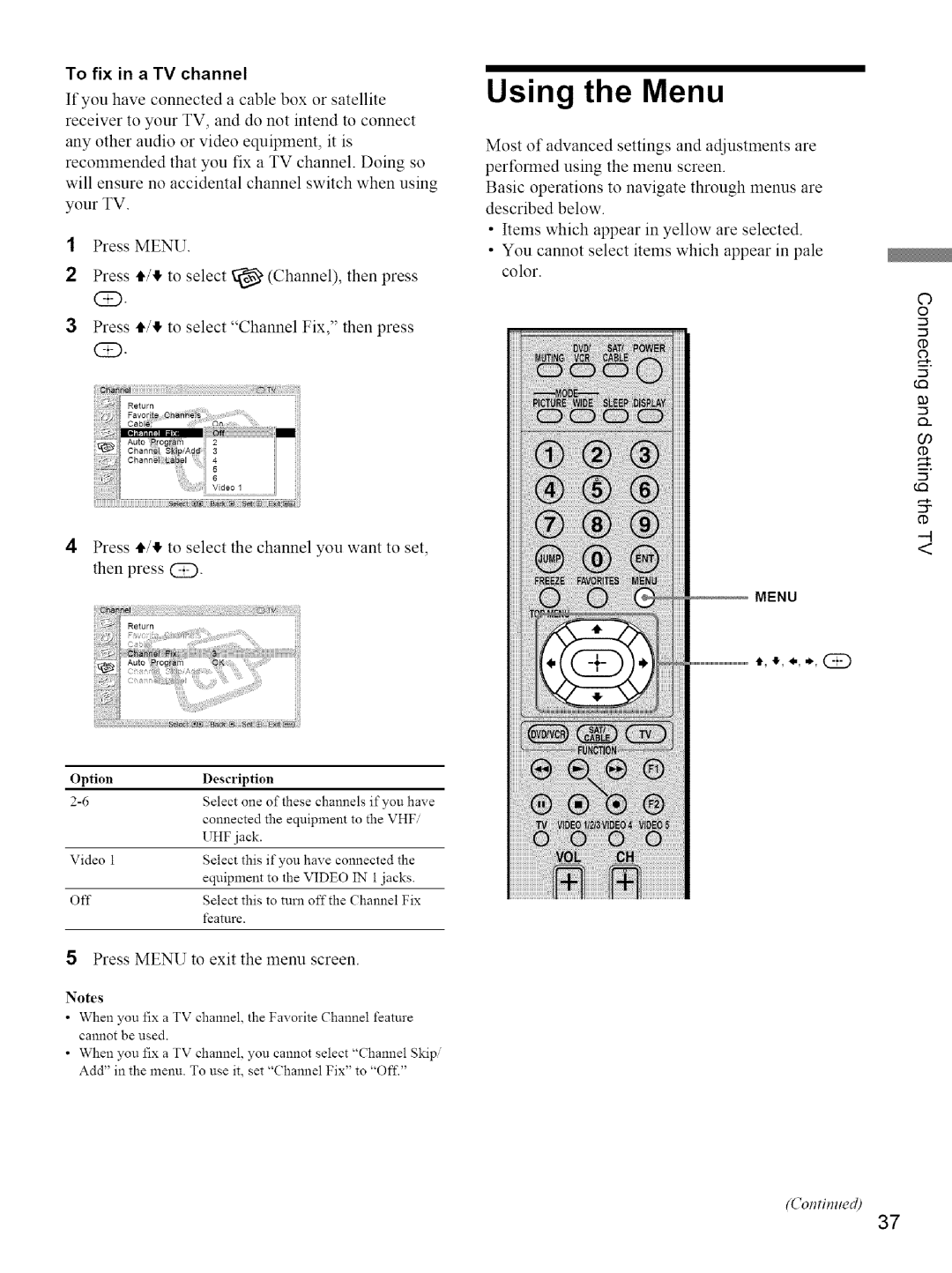 Sony KE-42M1 manual Using the Menu, To fix in a TV channel, Iii% 