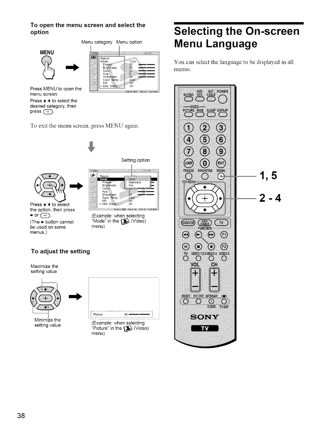 Sony KE-42M1 manual Selecting the On-screen Menu Language, To open the menu screen and select Option, To adjust the setting 