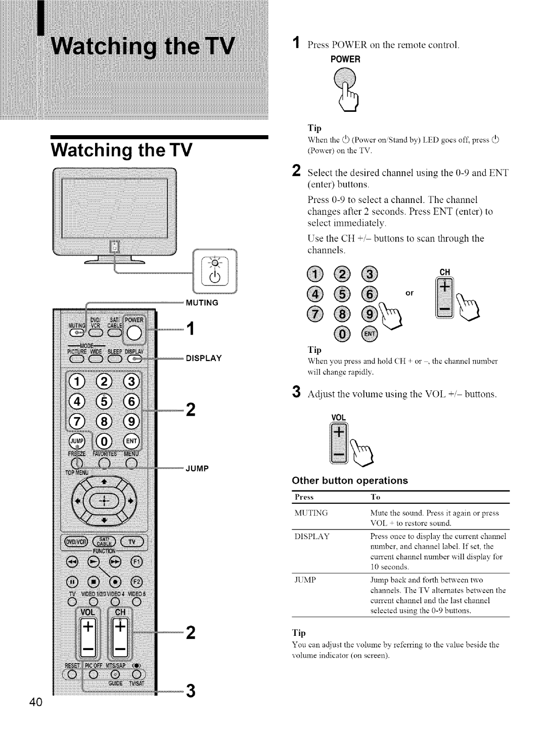 Sony KE-42M1 manual Watching the TV, Adjust the volume using the VOL +/- buttons, Other button Operations 