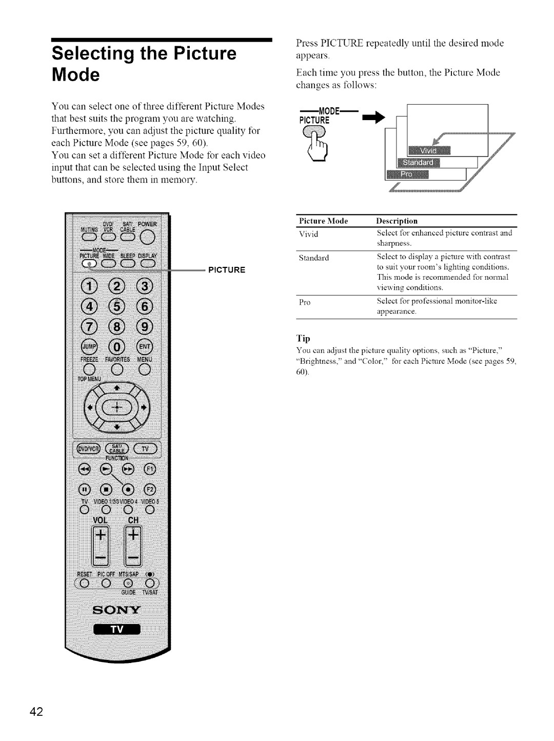 Sony KE-42M1 manual Selecting the Picture Mode 