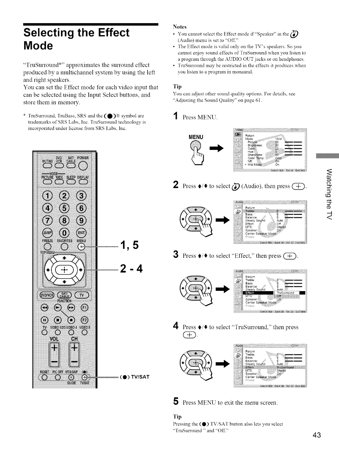 Sony KE-42M1 manual Selecting the Effect Mode, Press t,/4 to select Audio, then press @ 