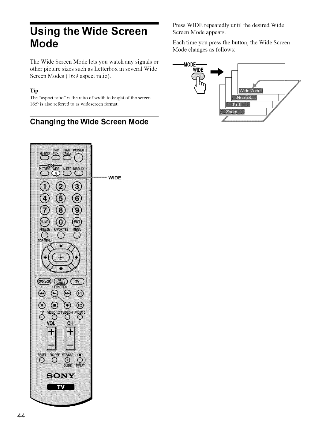 Sony KE-42M1 manual Using the Wide Screen Mode, Changing the Wide Screen Mode 