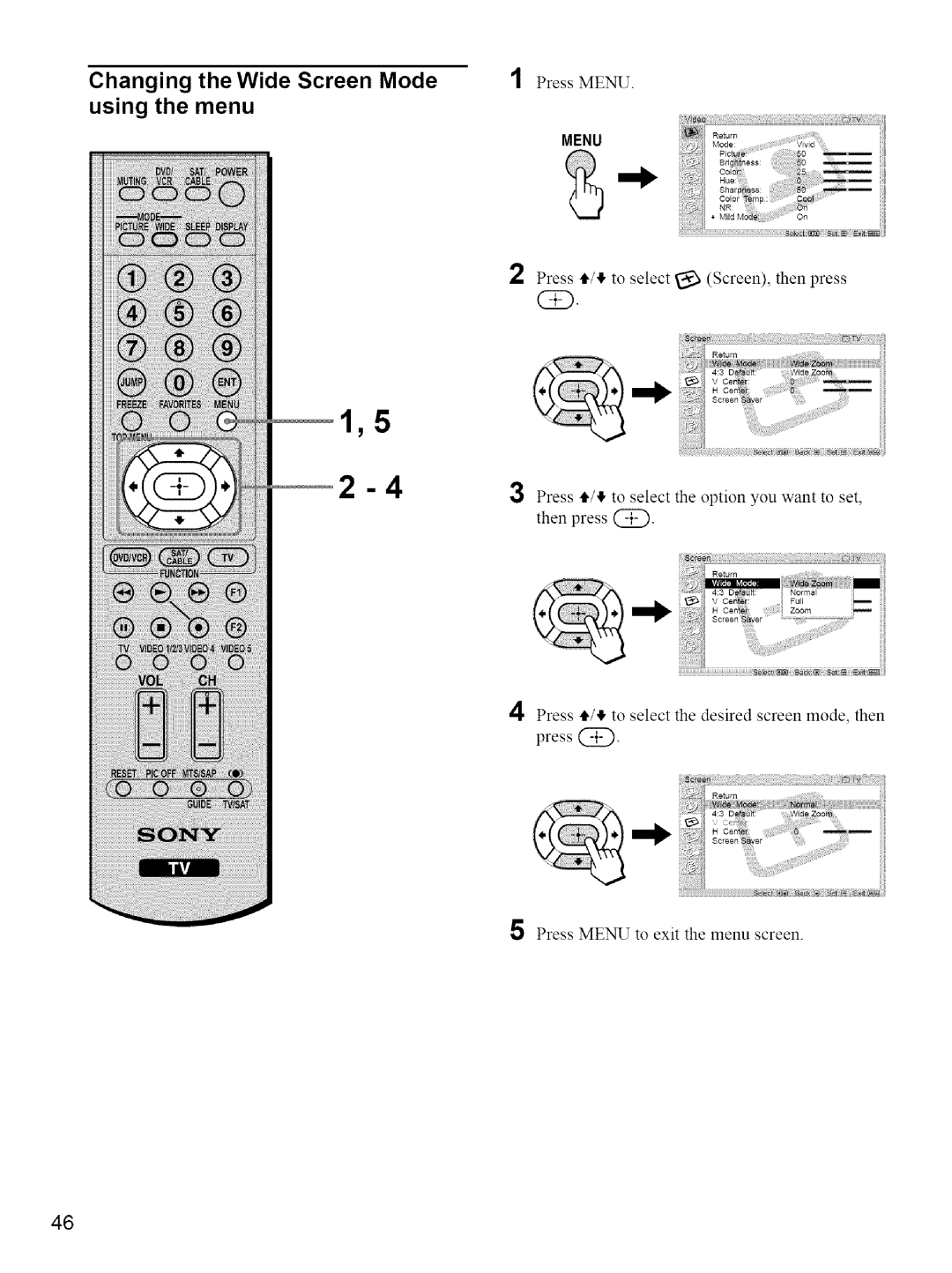 Sony KE-42M1 manual Using the menu, Press 4,/11,to select Screen, then press 